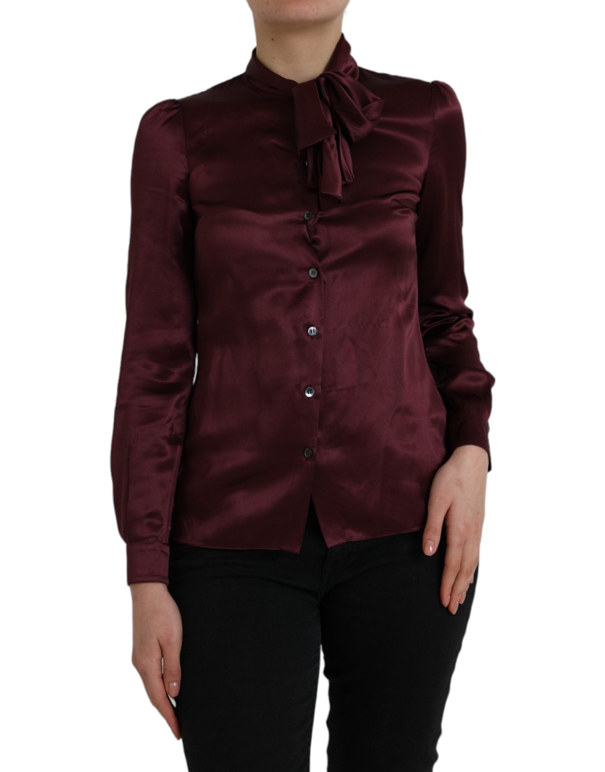Maroon Ascot Collar Long Sleeve Top Blouse - ventzia