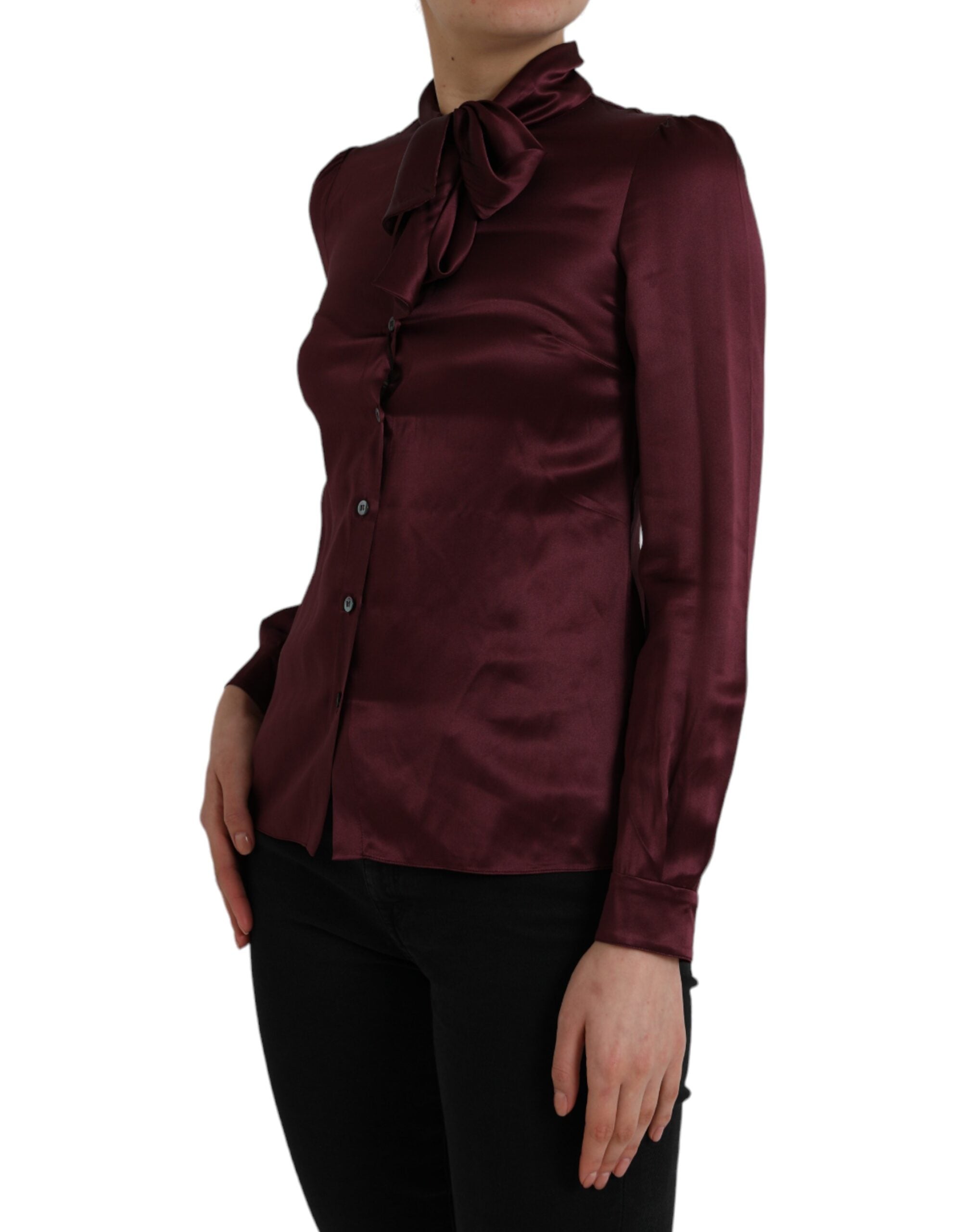 Maroon Ascot Collar Long Sleeve Top Blouse - ventzia