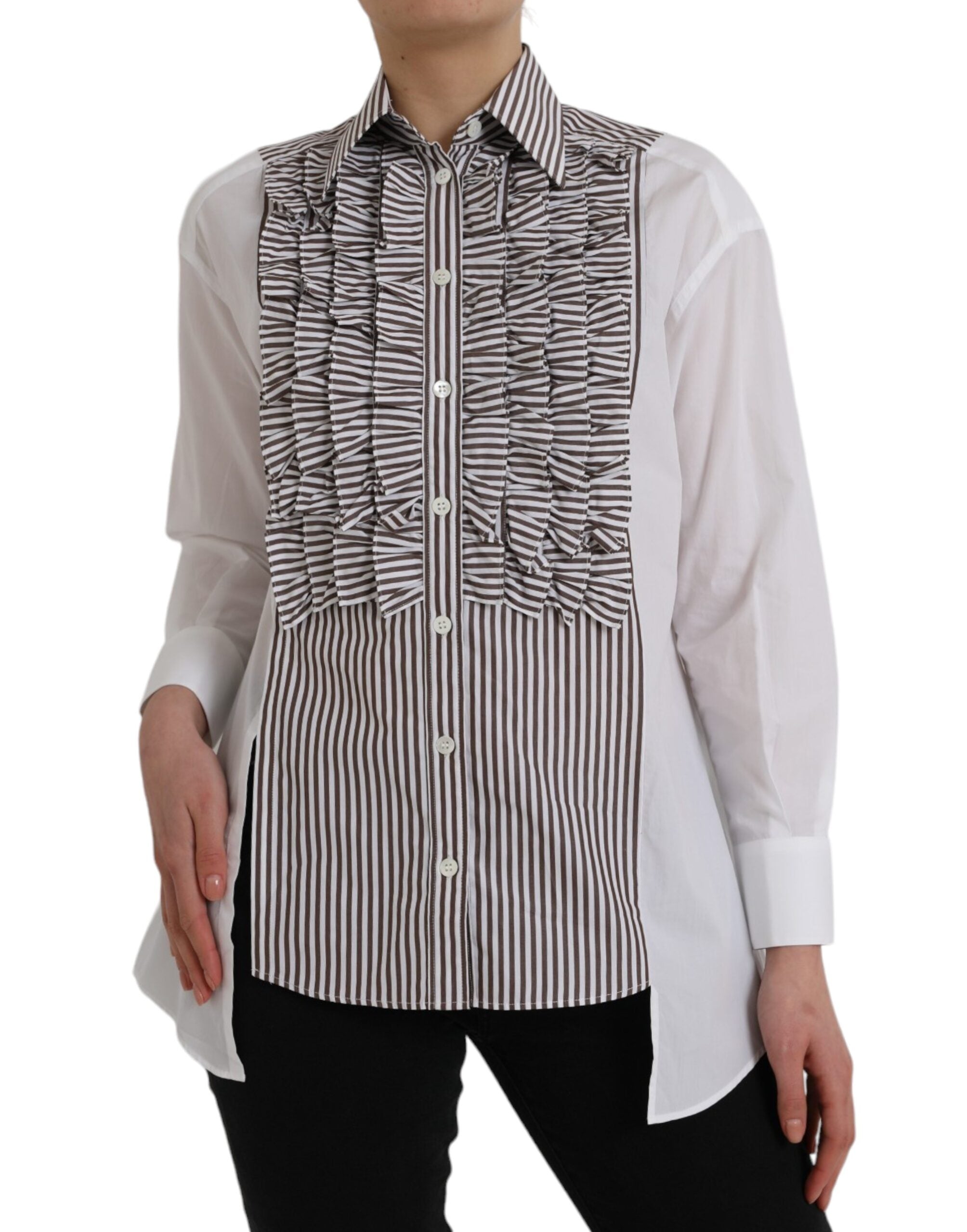 White Stripes Cotton Long Sleeves Ruffle Collar Top - ventzia
