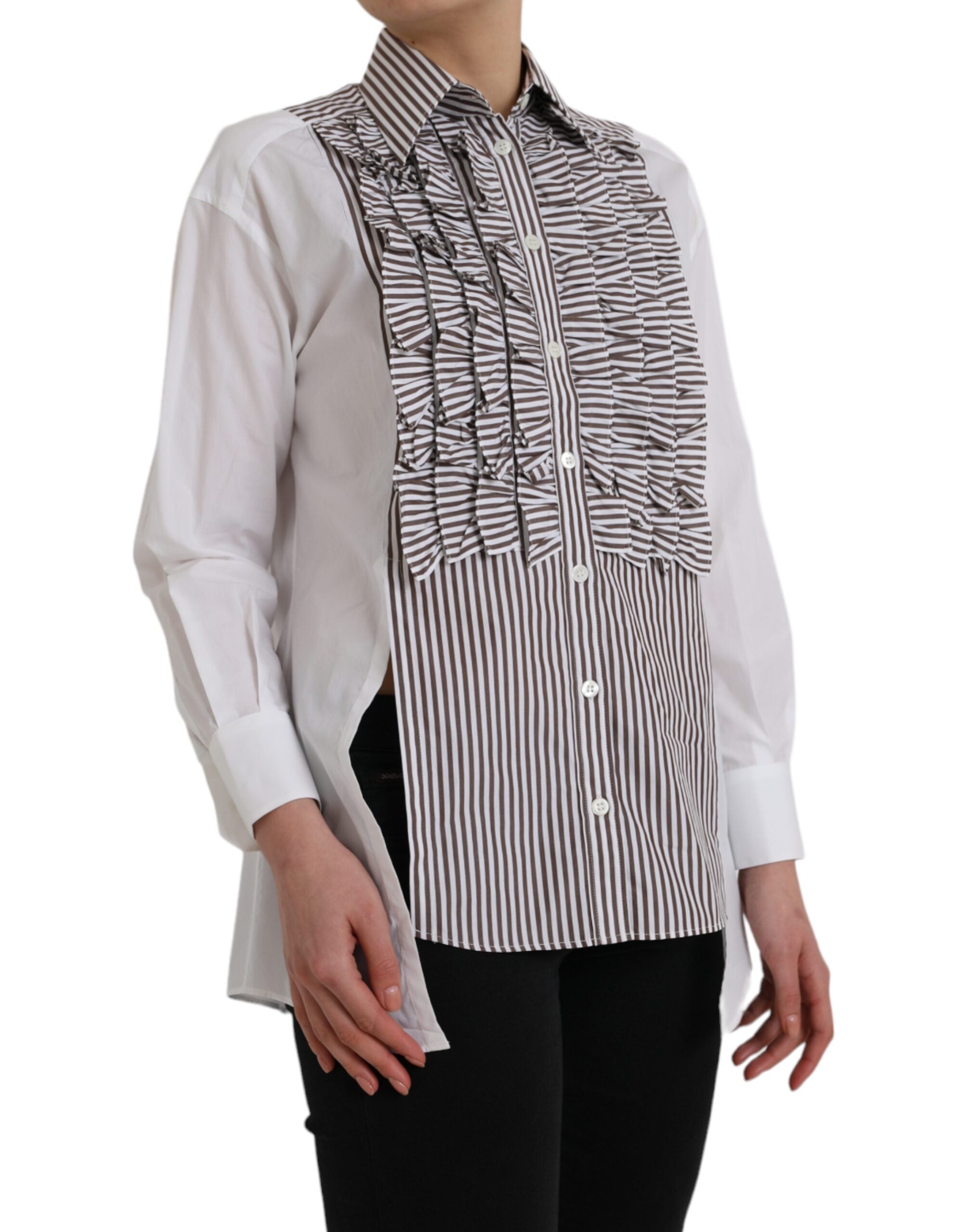 White Stripes Cotton Long Sleeves Ruffle Collar Top - ventzia