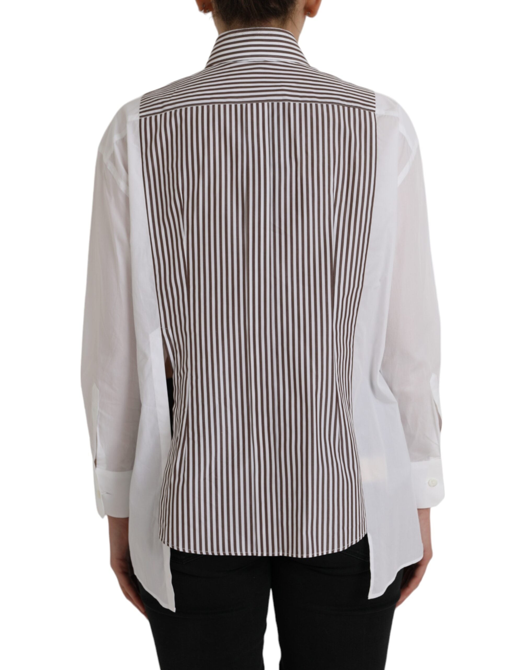 White Stripes Cotton Long Sleeves Ruffle Collar Top - ventzia