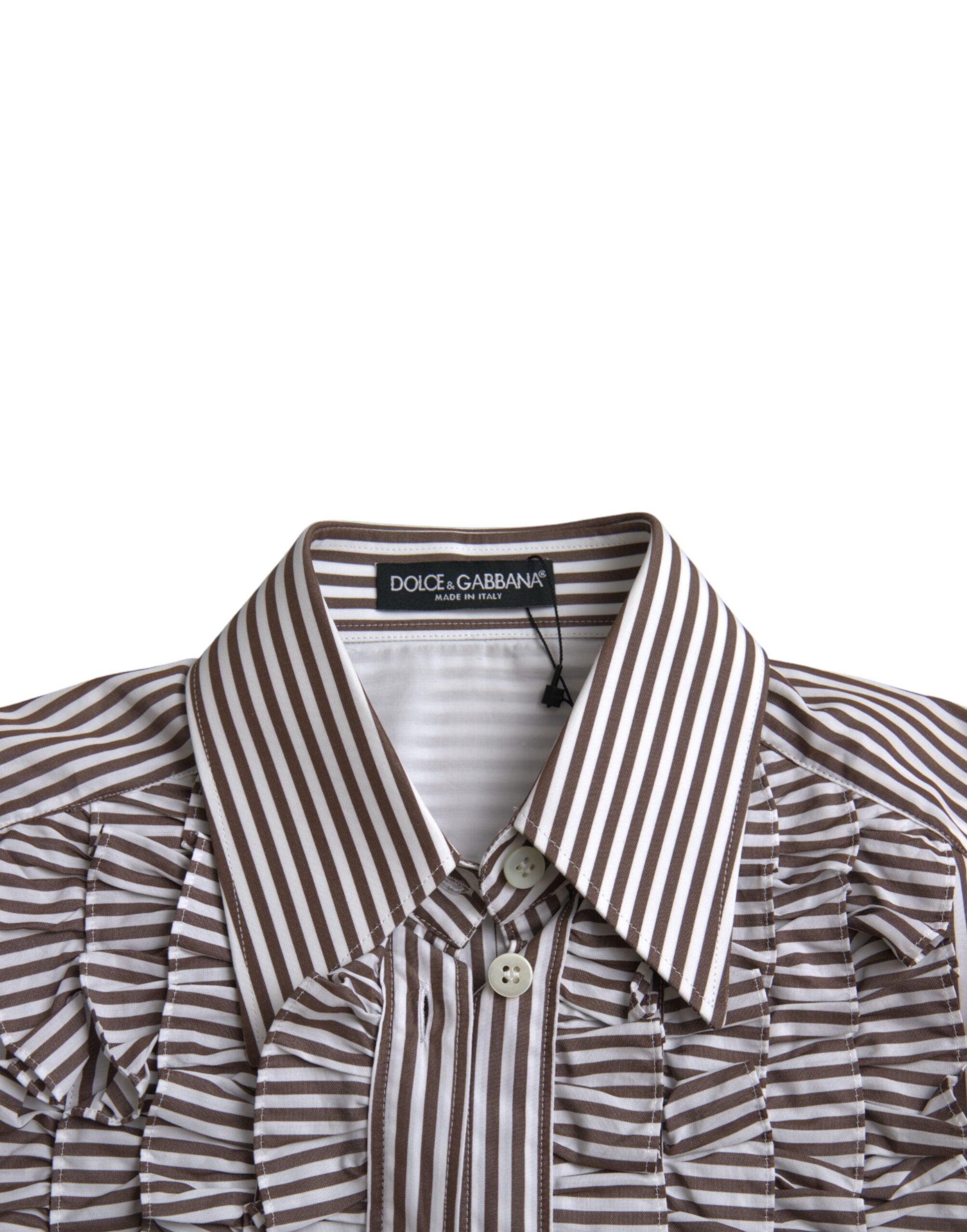 White Stripes Cotton Long Sleeves Ruffle Collar Top - ventzia