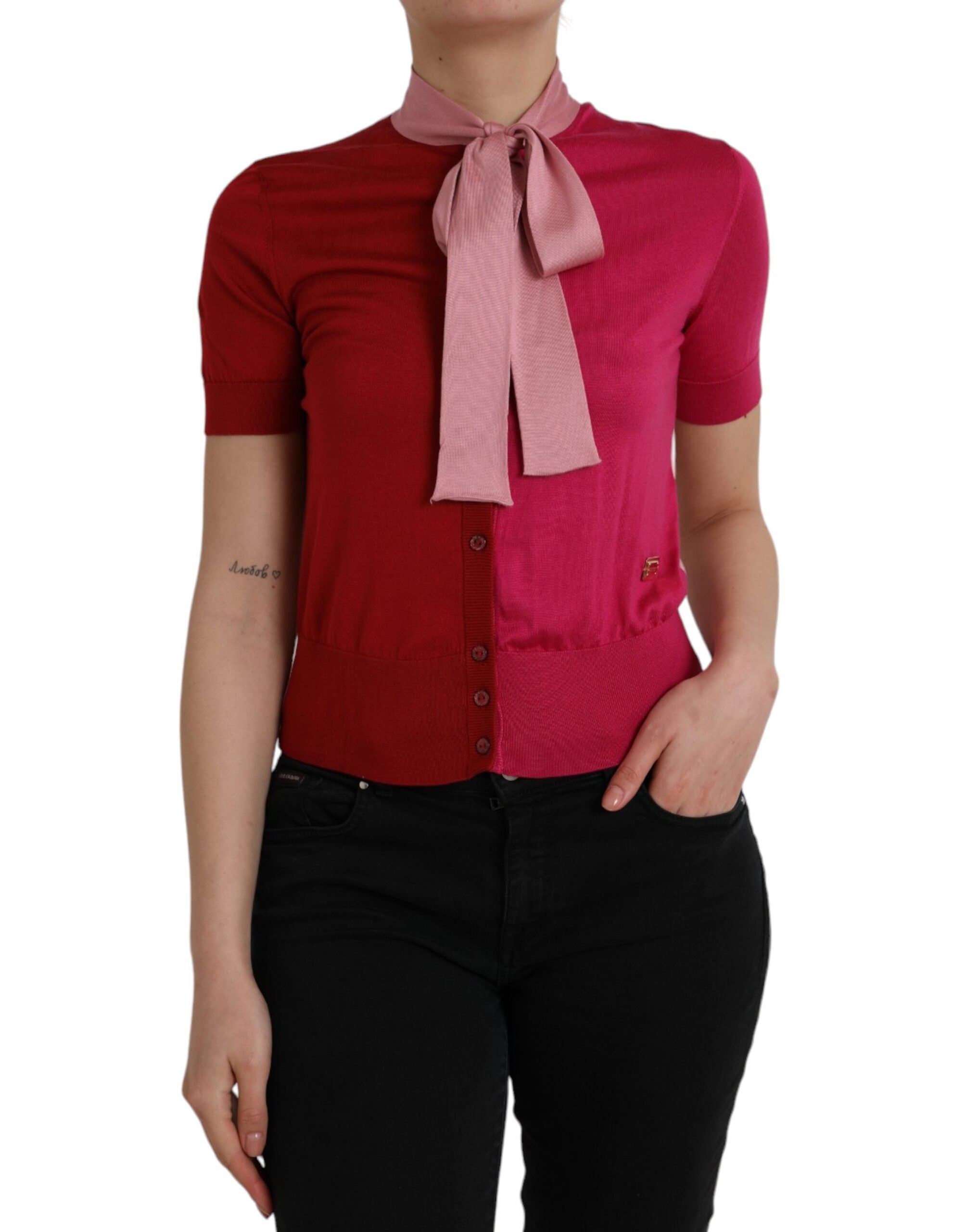 Pink Short Sleeves Pullover Ascot Collar Top - ventzia