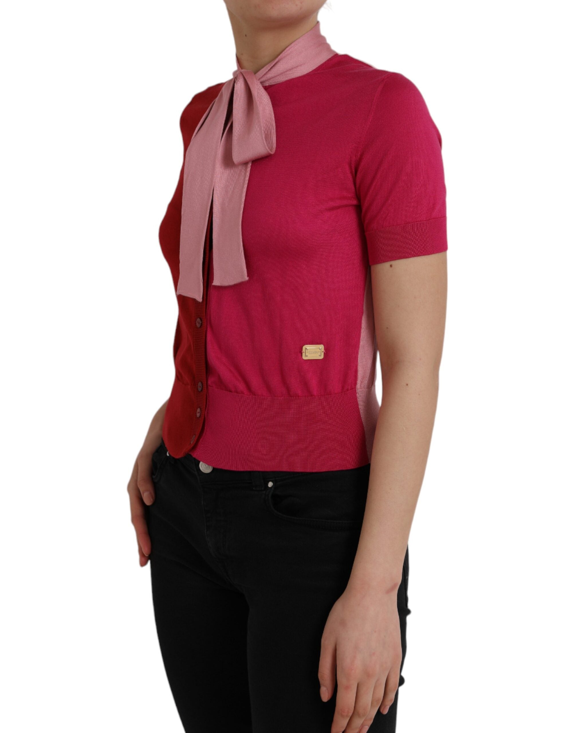 Pink Short Sleeves Pullover Ascot Collar Top - ventzia