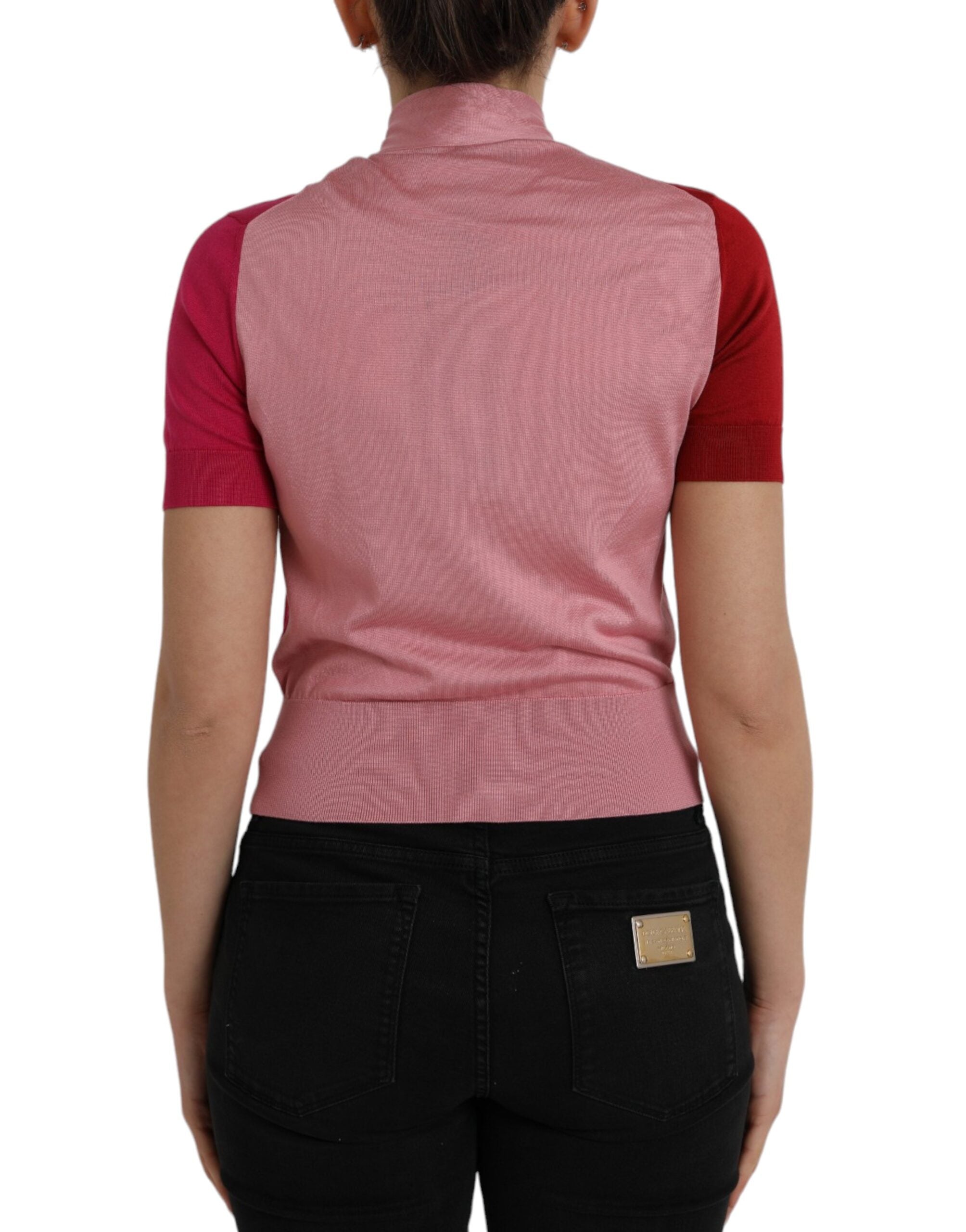 Pink Short Sleeves Pullover Ascot Collar Top - ventzia