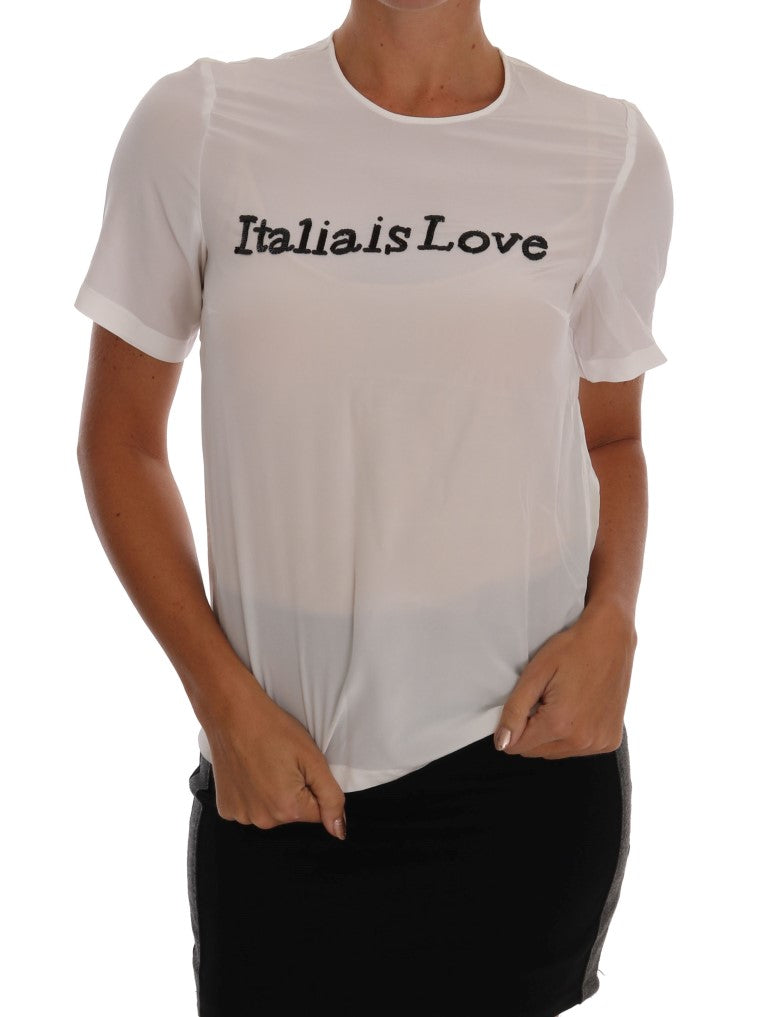 Silk Sequined 'Italia Is Love' White Blouse - ventzia