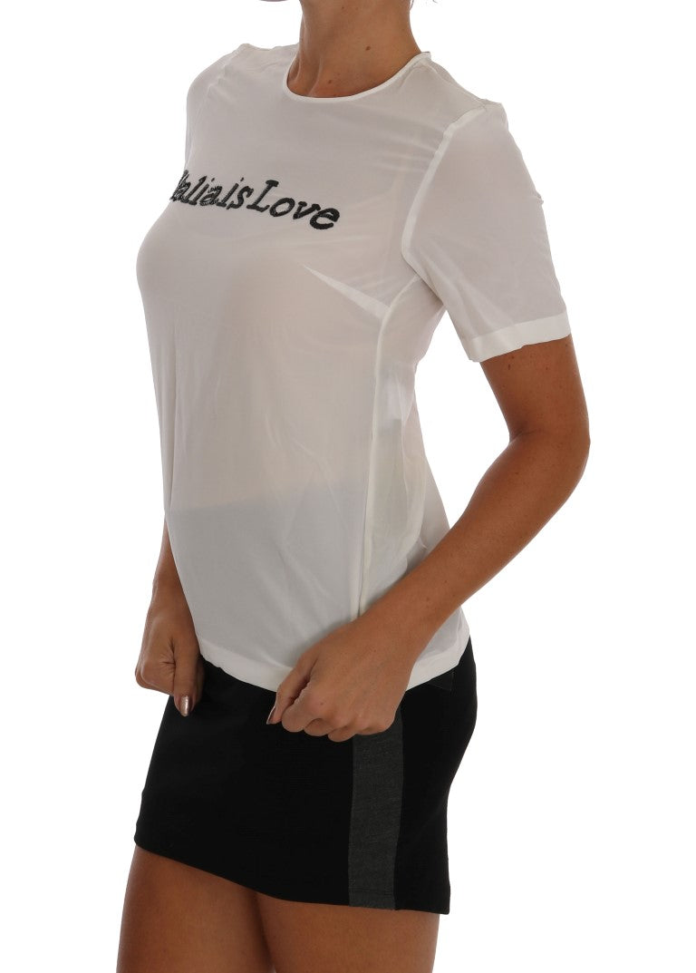 Silk Sequined 'Italia Is Love' White Blouse - ventzia