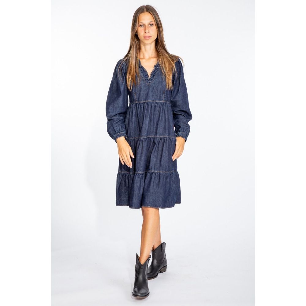 Elegant Dark Blue Denim Flare Dress - ventzia