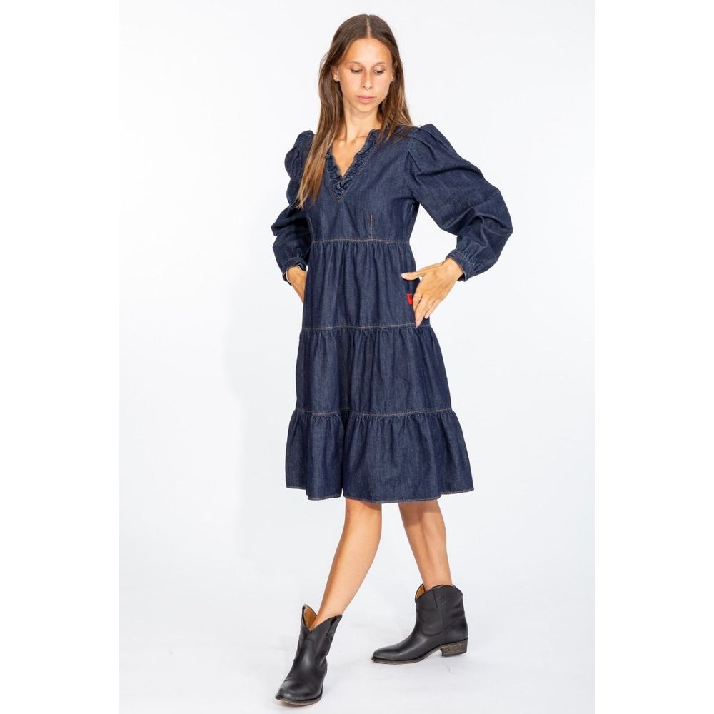 Elegant Dark Blue Denim Flare Dress - ventzia