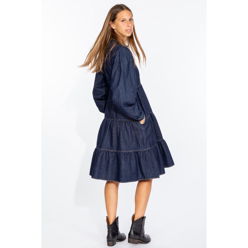 Elegant Dark Blue Denim Flare Dress - ventzia