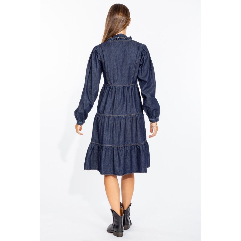 Elegant Dark Blue Denim Flare Dress - ventzia