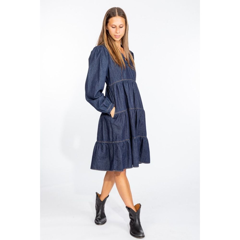Elegant Dark Blue Denim Flare Dress - ventzia