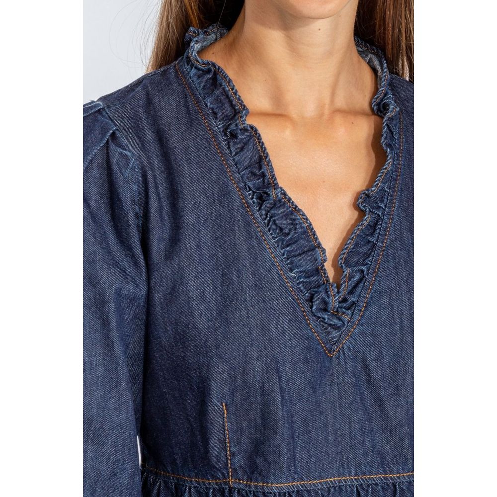 Elegant Dark Blue Denim Flare Dress - ventzia