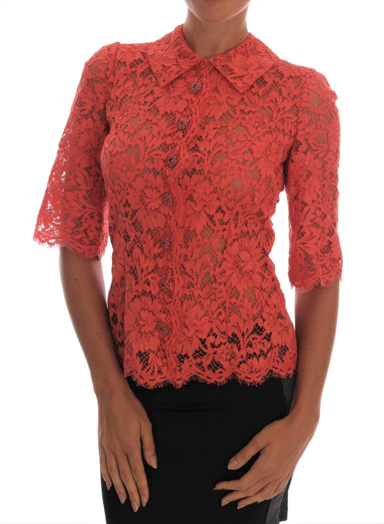 Elegant Orange Floral Lace Crystal Cardigan Blouse - ventzia