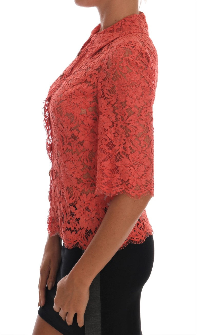Elegant Orange Floral Lace Crystal Cardigan Blouse - ventzia