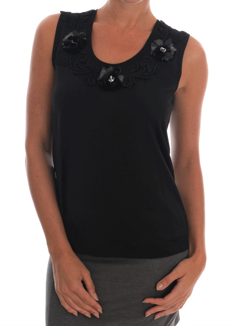 Black Cotton Floral Crystal Tank Top - ventzia
