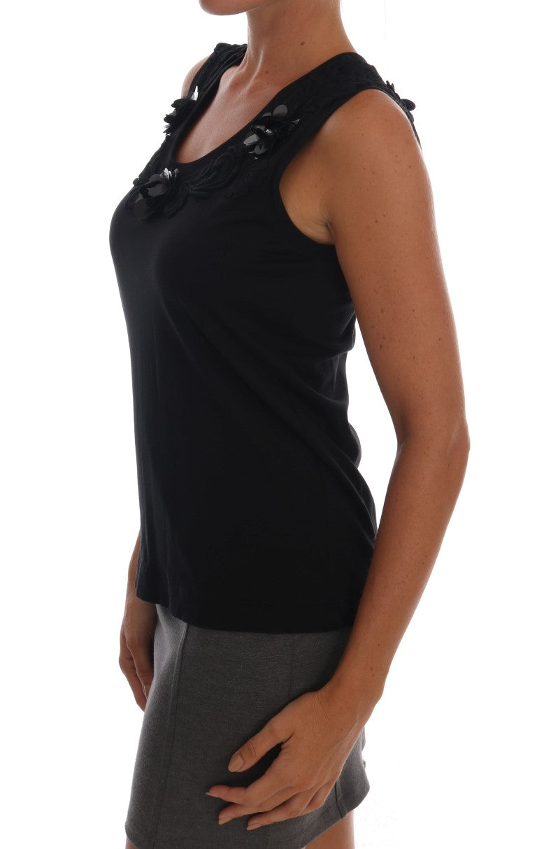 Black Cotton Floral Crystal Tank Top - ventzia