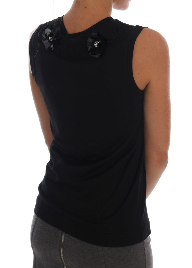 Black Cotton Floral Crystal Tank Top - ventzia