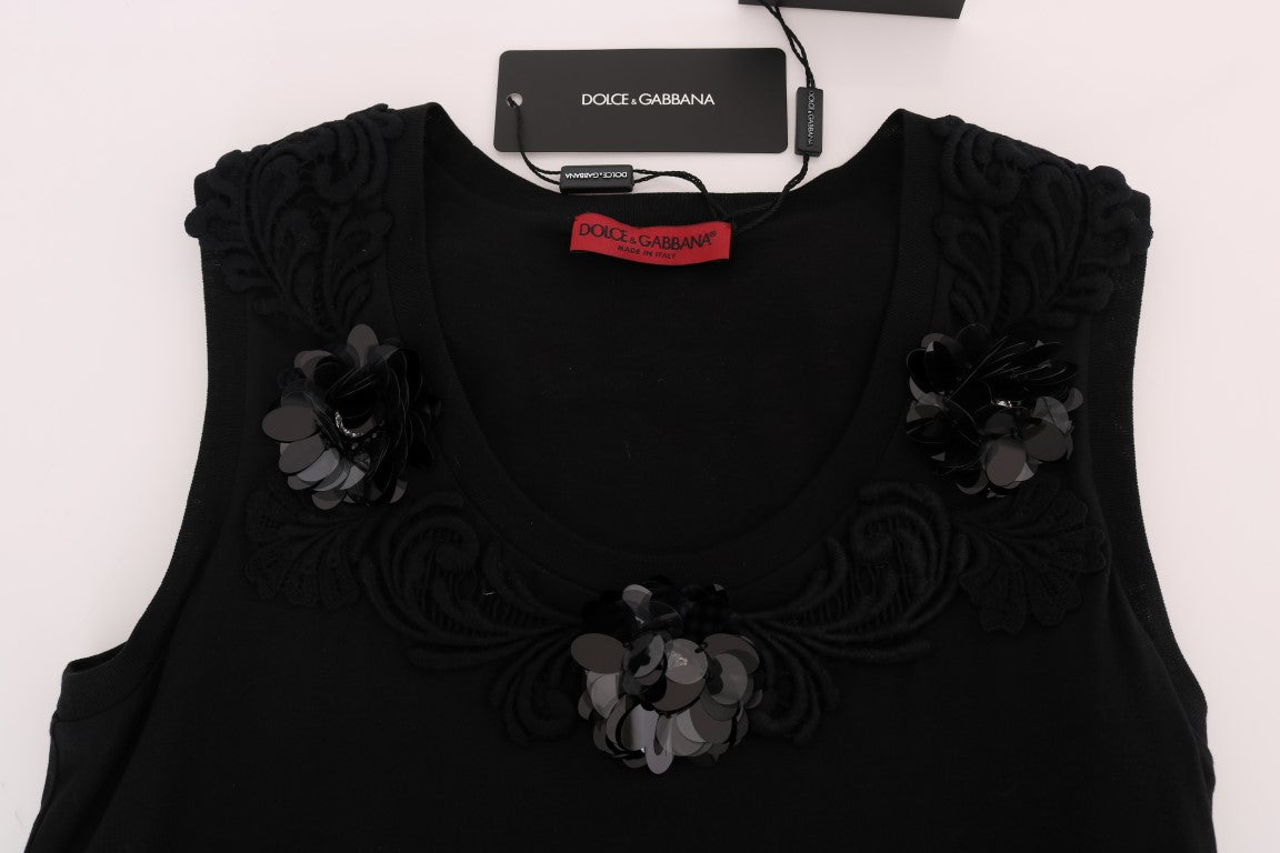 Black Cotton Floral Crystal Tank Top - ventzia