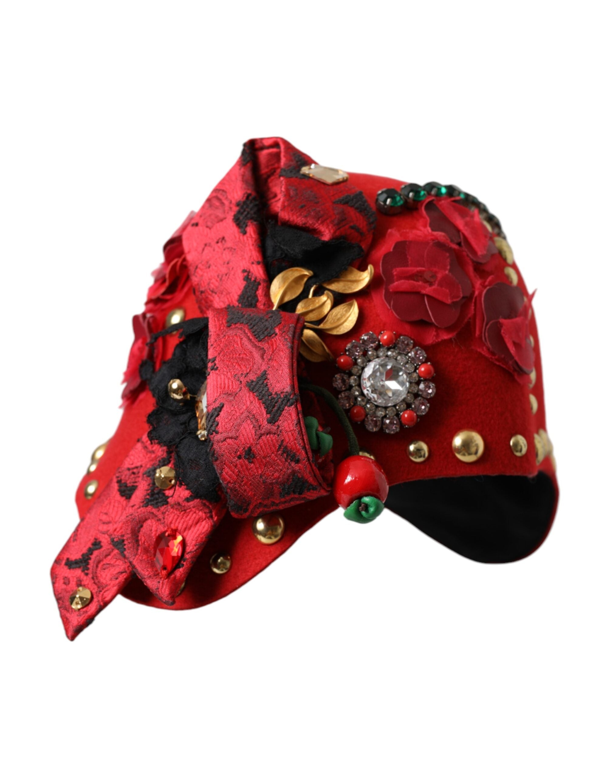 Red Crystal Gold Roses Brooch Embellished Hat - ventzia