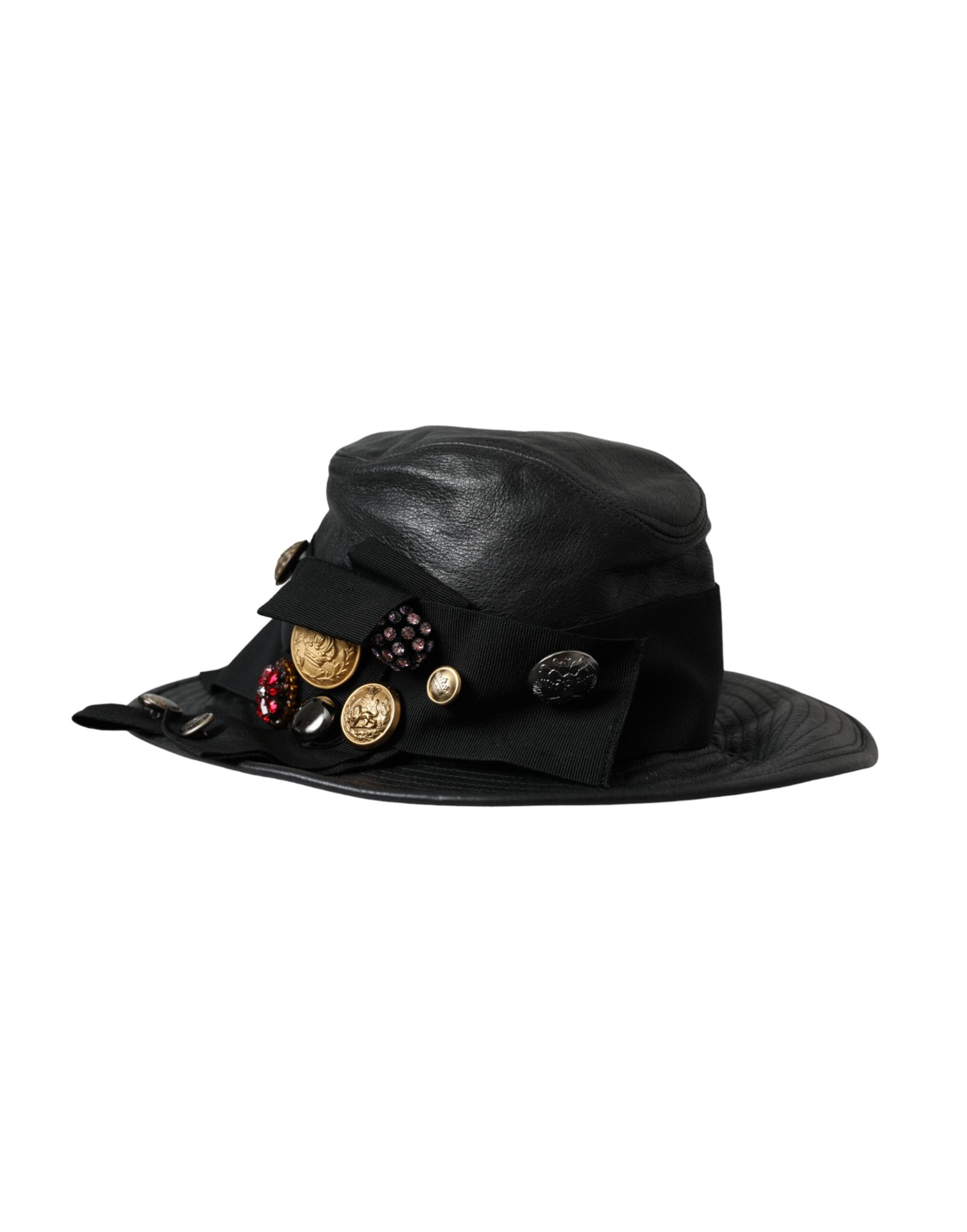 Black Leather DG Coin Crystal Wide Brim Hat - ventzia