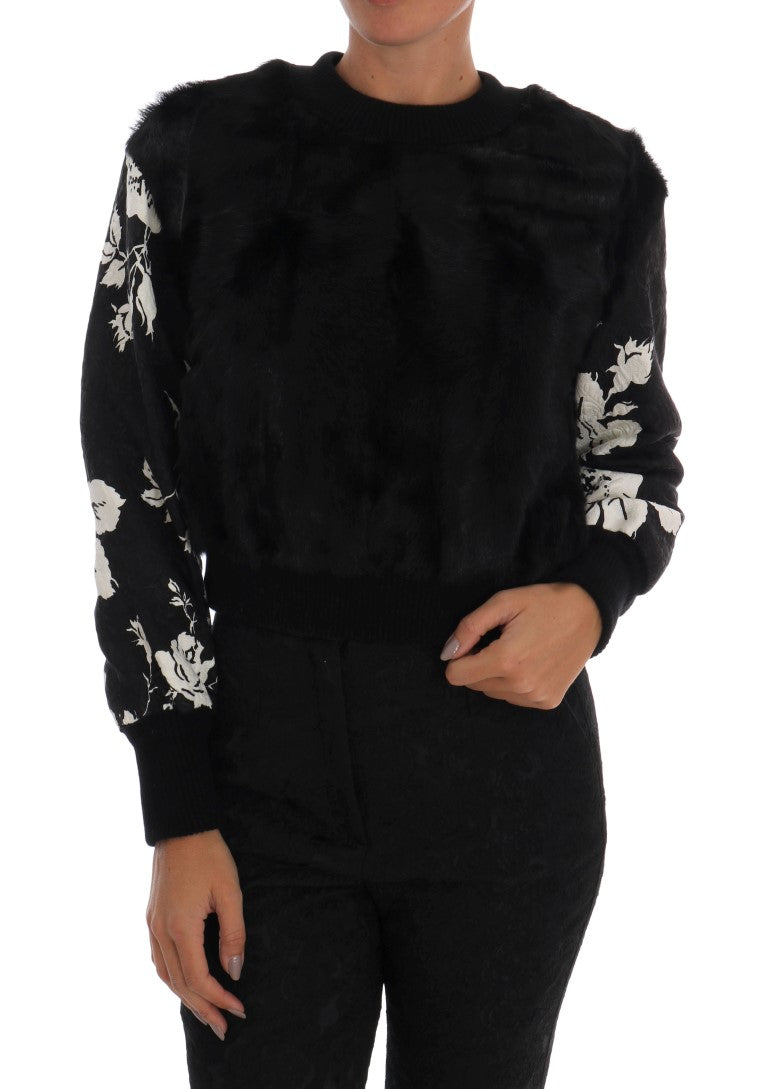Floral Brocade Black Fur Sweater - ventzia