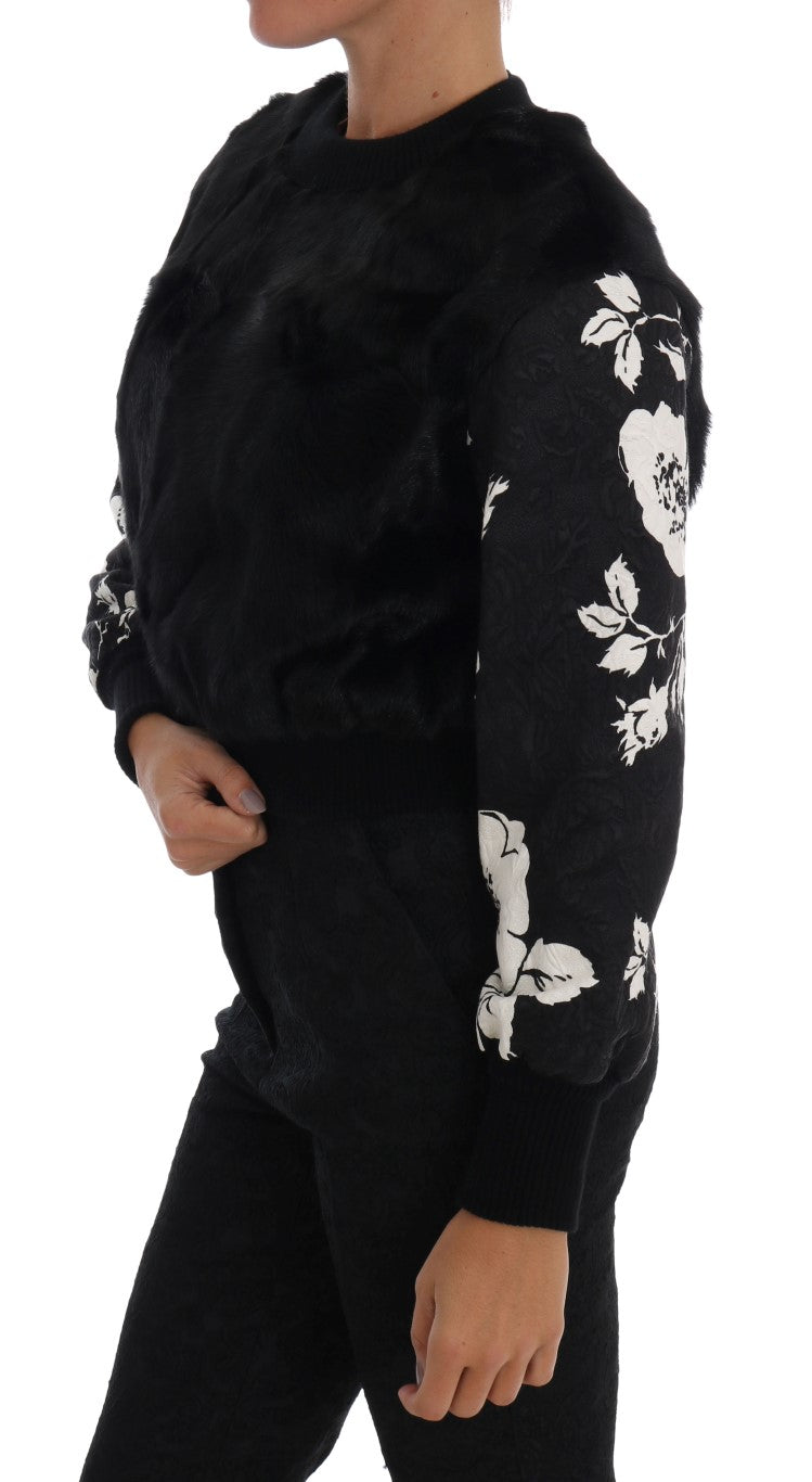 Floral Brocade Black Fur Sweater - ventzia