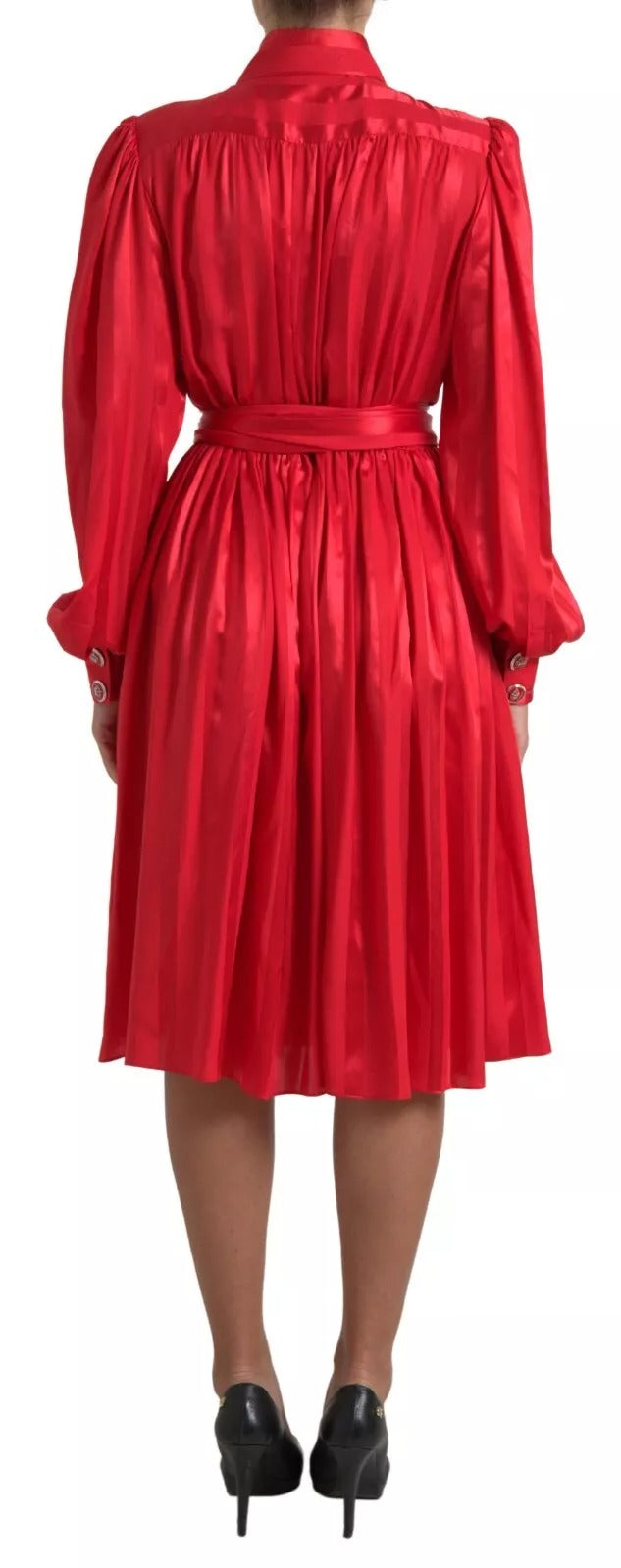 Red Button Down Belted Midi Satin Silk Dress - ventzia