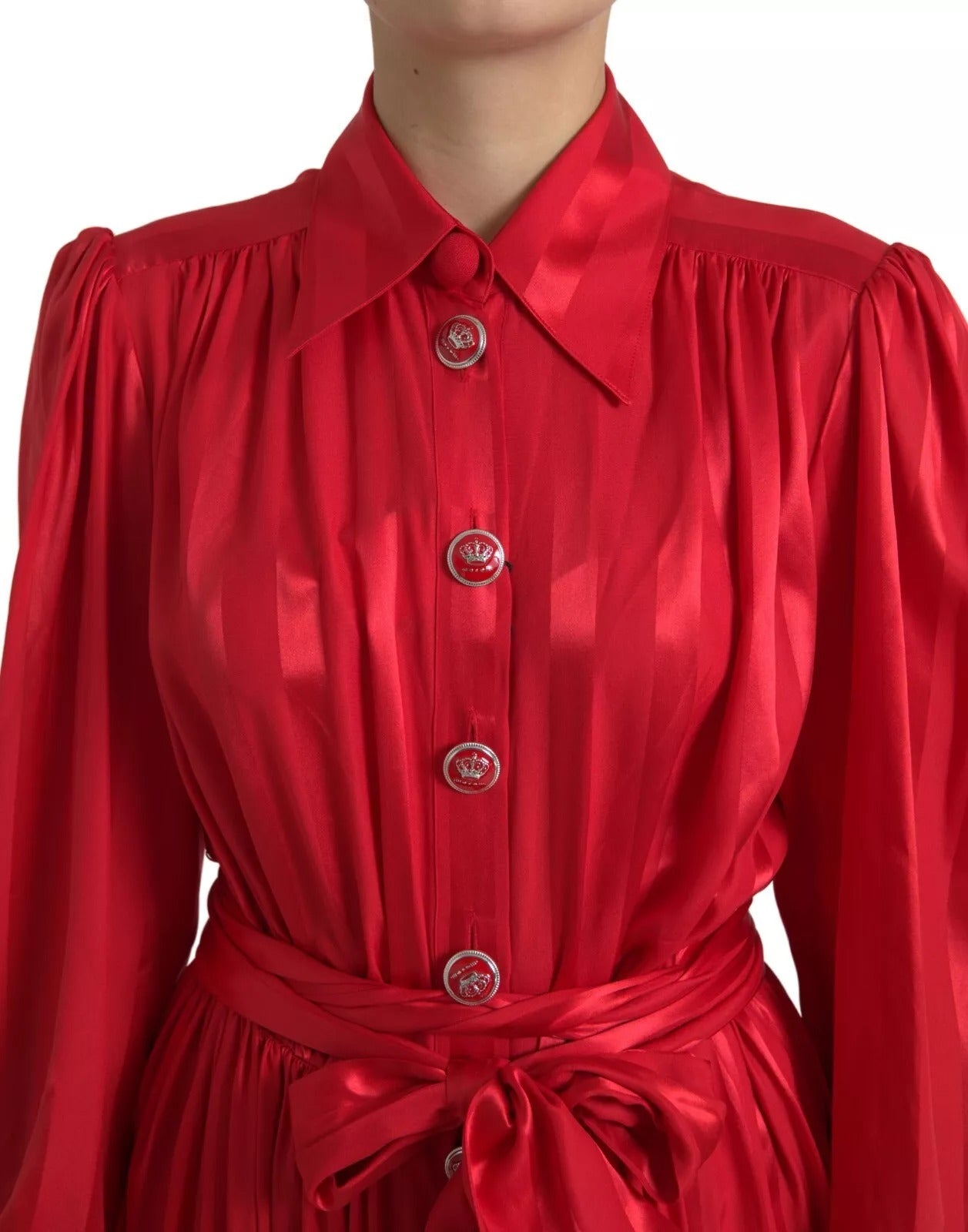 Red Button Down Belted Midi Satin Silk Dress - ventzia