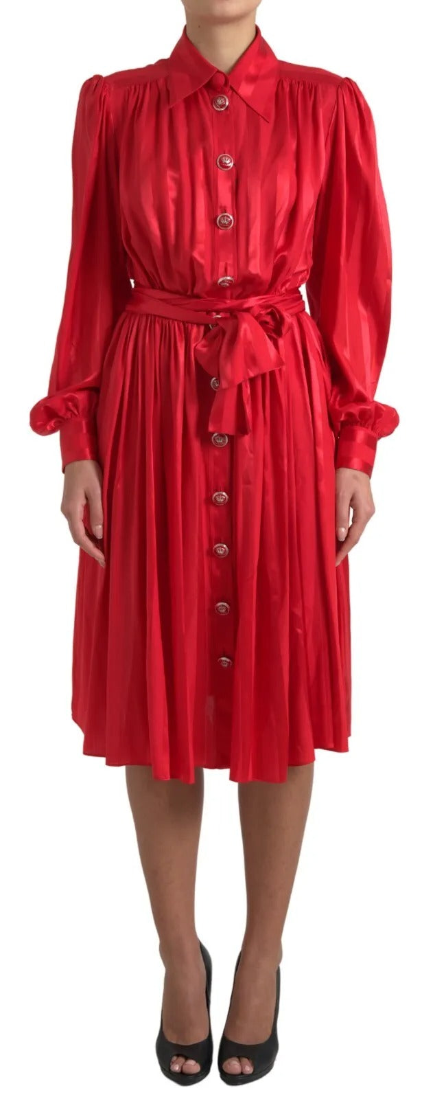 Red Button Down Belted Midi Satin Silk Dress - ventzia