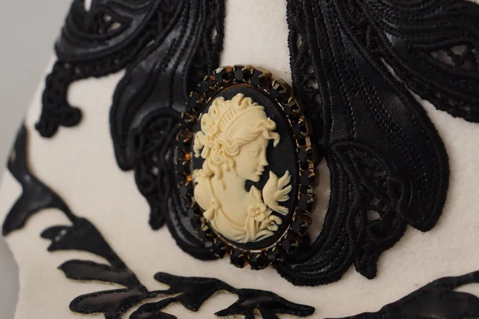 White Black Wool Embroidered Cameo Brooch Hat - ventzia