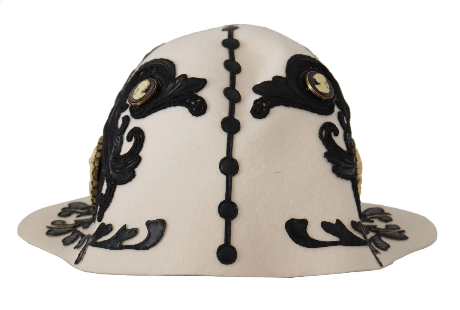White Black Wool Embroidered Cameo Brooch Hat - ventzia