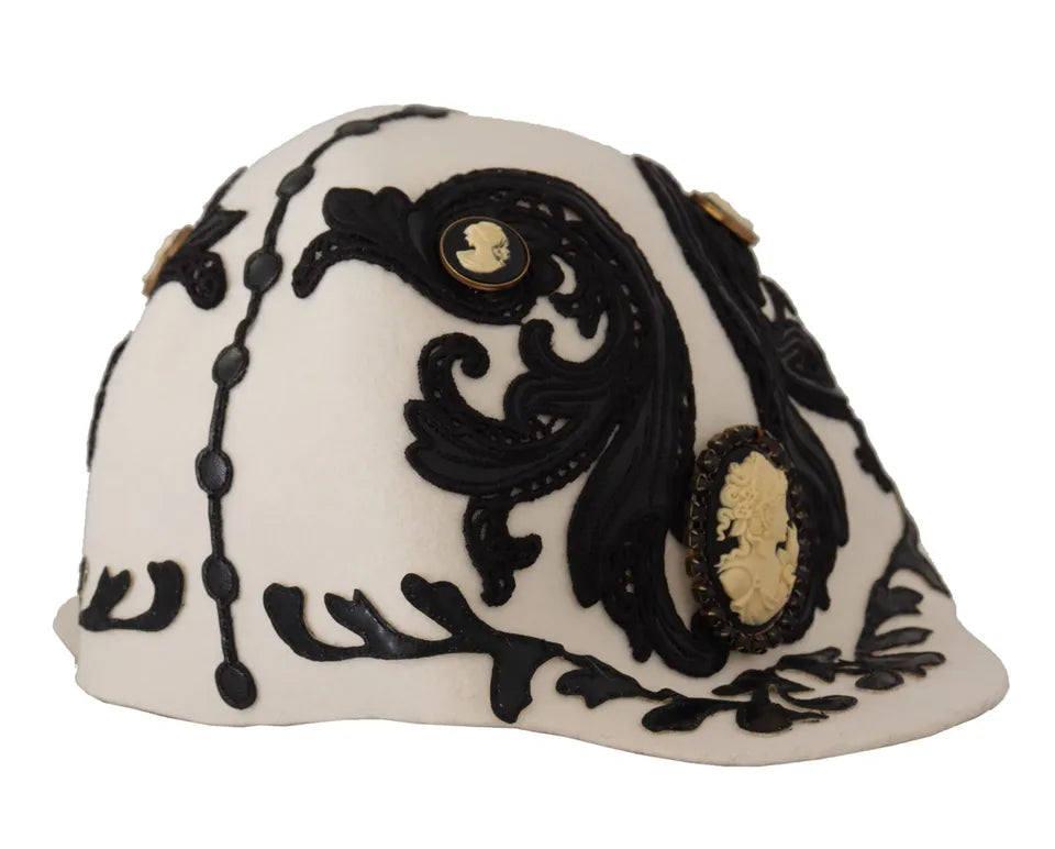 White Black Wool Embroidered Cameo Brooch Hat - ventzia