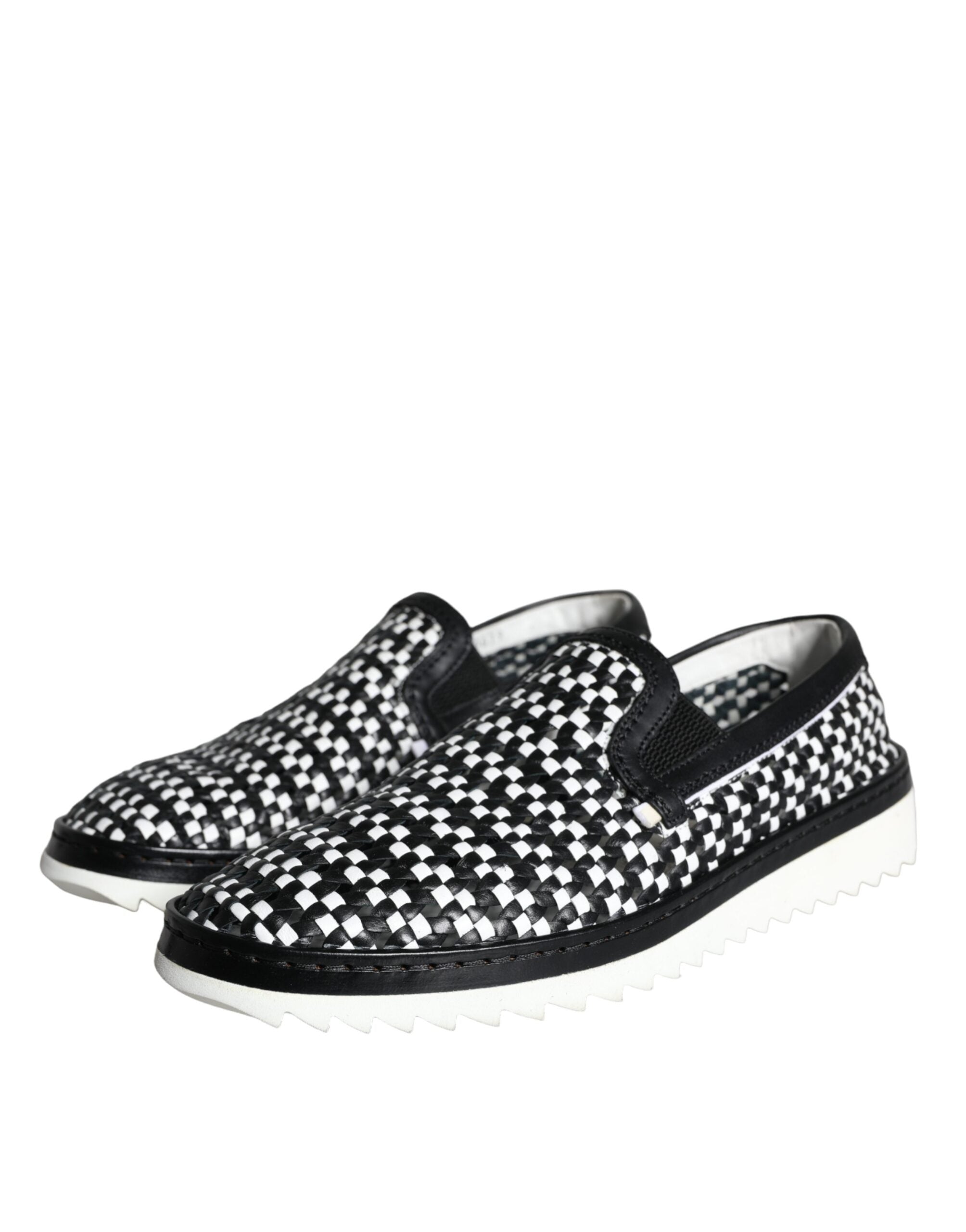Black White Weaved Slip On Men Loafers Shoes - ventzia