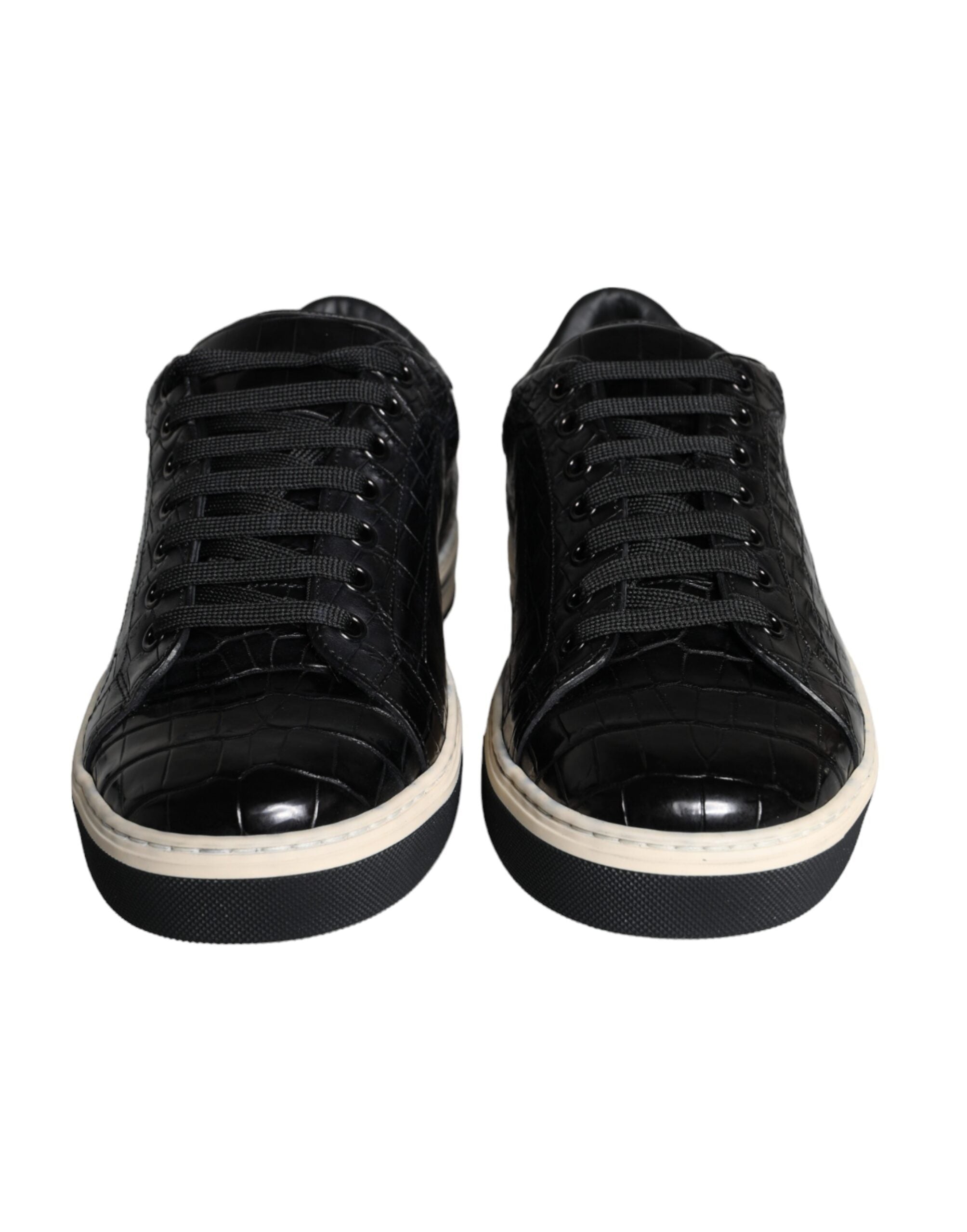 Black Leather Men Low Top Sneakers Shoes - ventzia