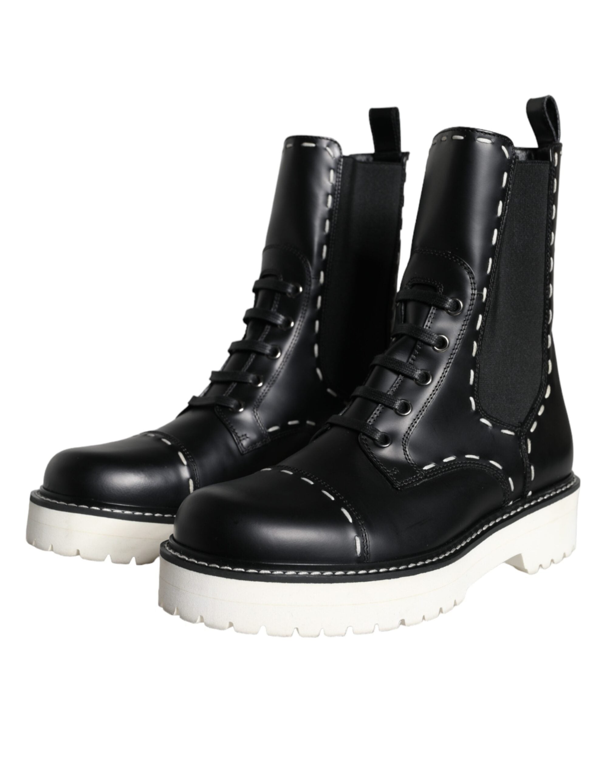 Black Leather Combat Mid Calf Boots Shoes - ventzia