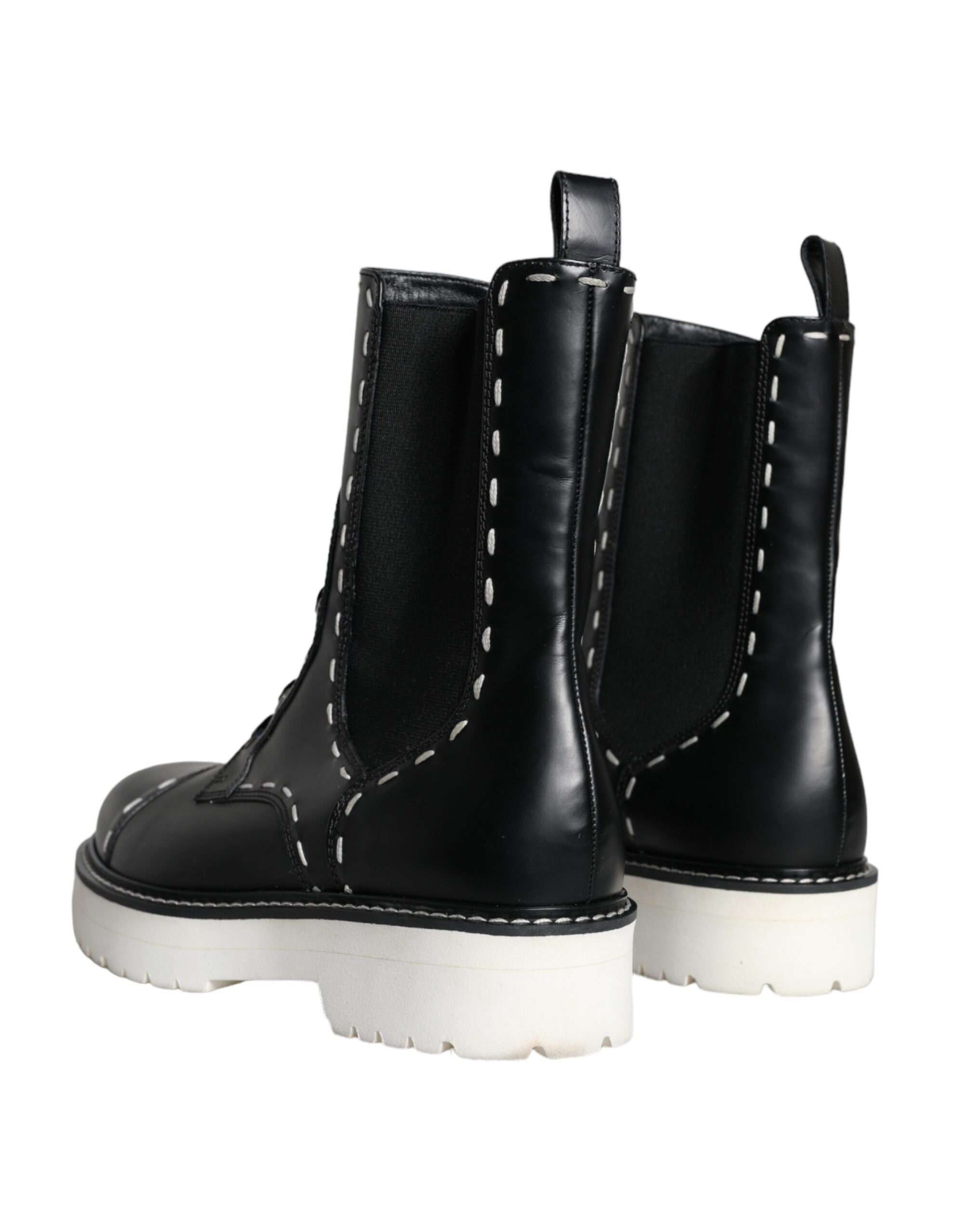 Black Leather Combat Mid Calf Boots Shoes - ventzia