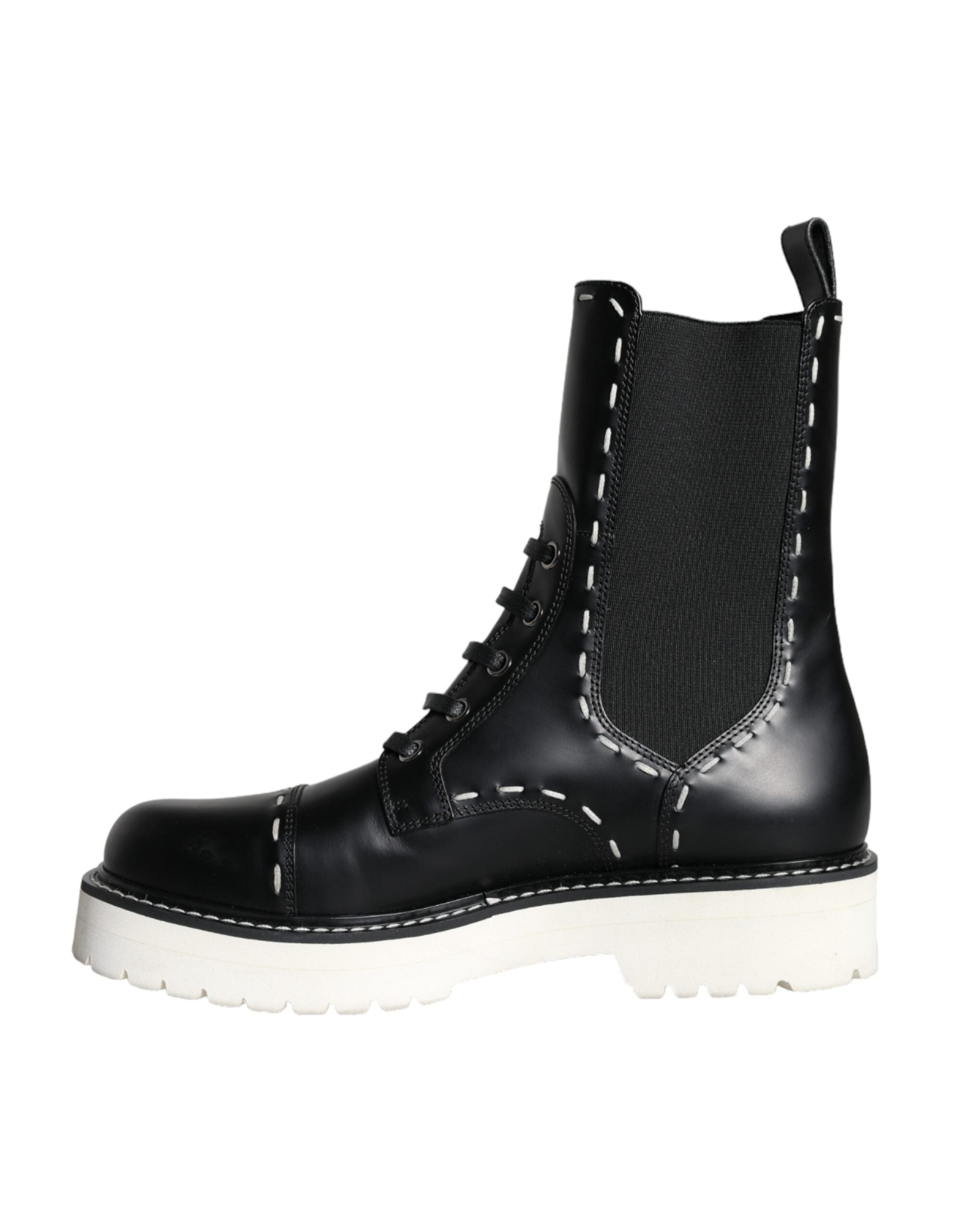 Black Leather Combat Mid Calf Boots Shoes - ventzia