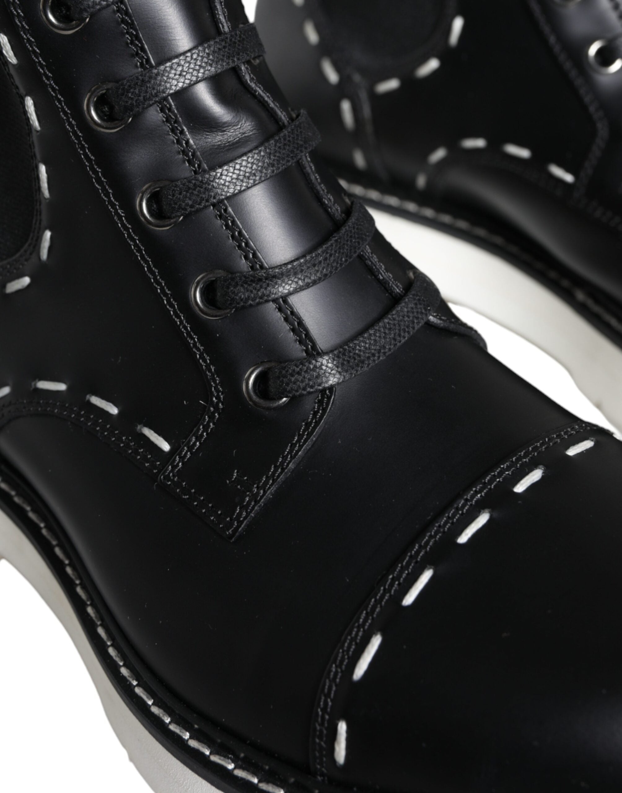 Black Leather Combat Mid Calf Boots Shoes - ventzia