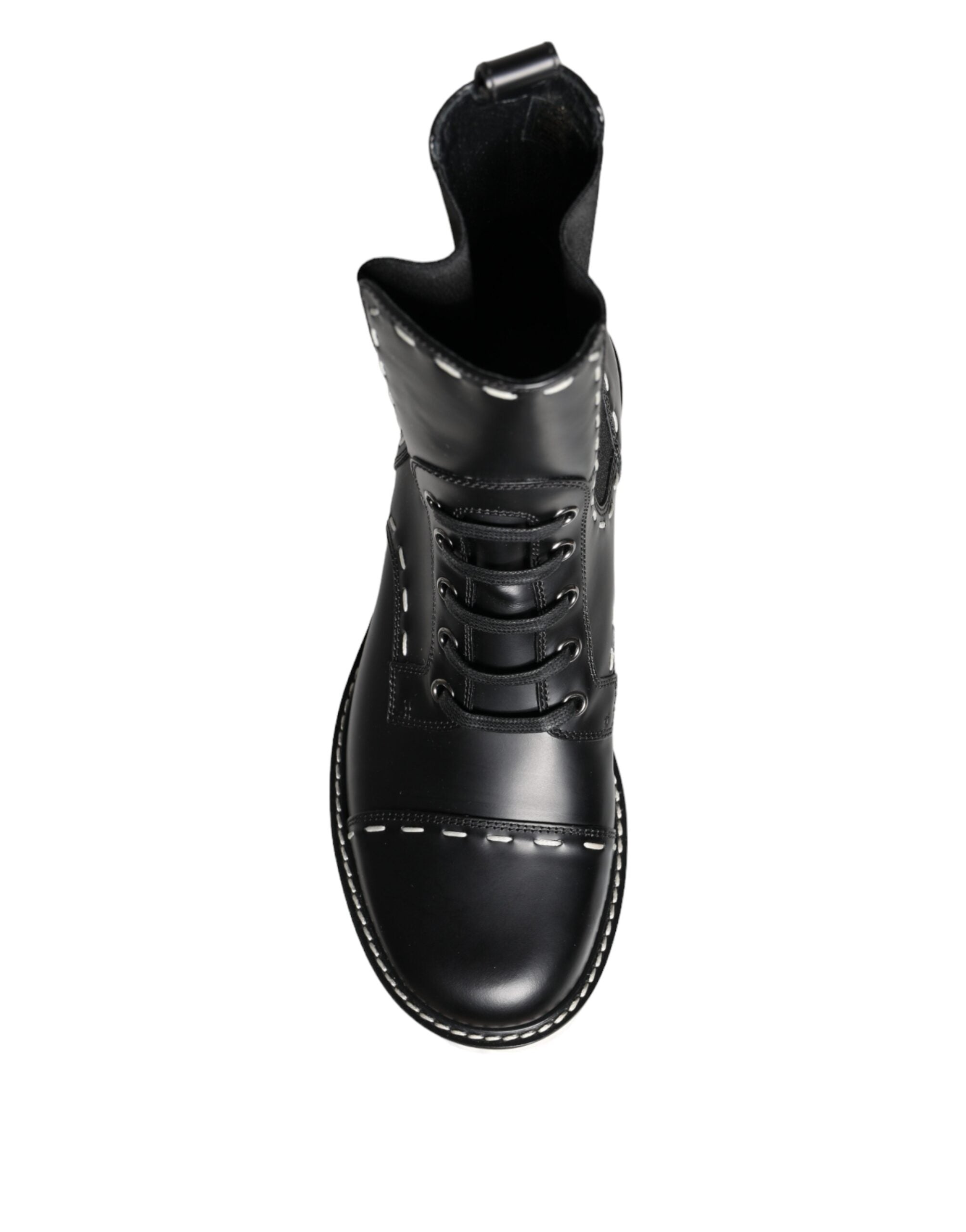 Black Leather Combat Mid Calf Boots Shoes - ventzia