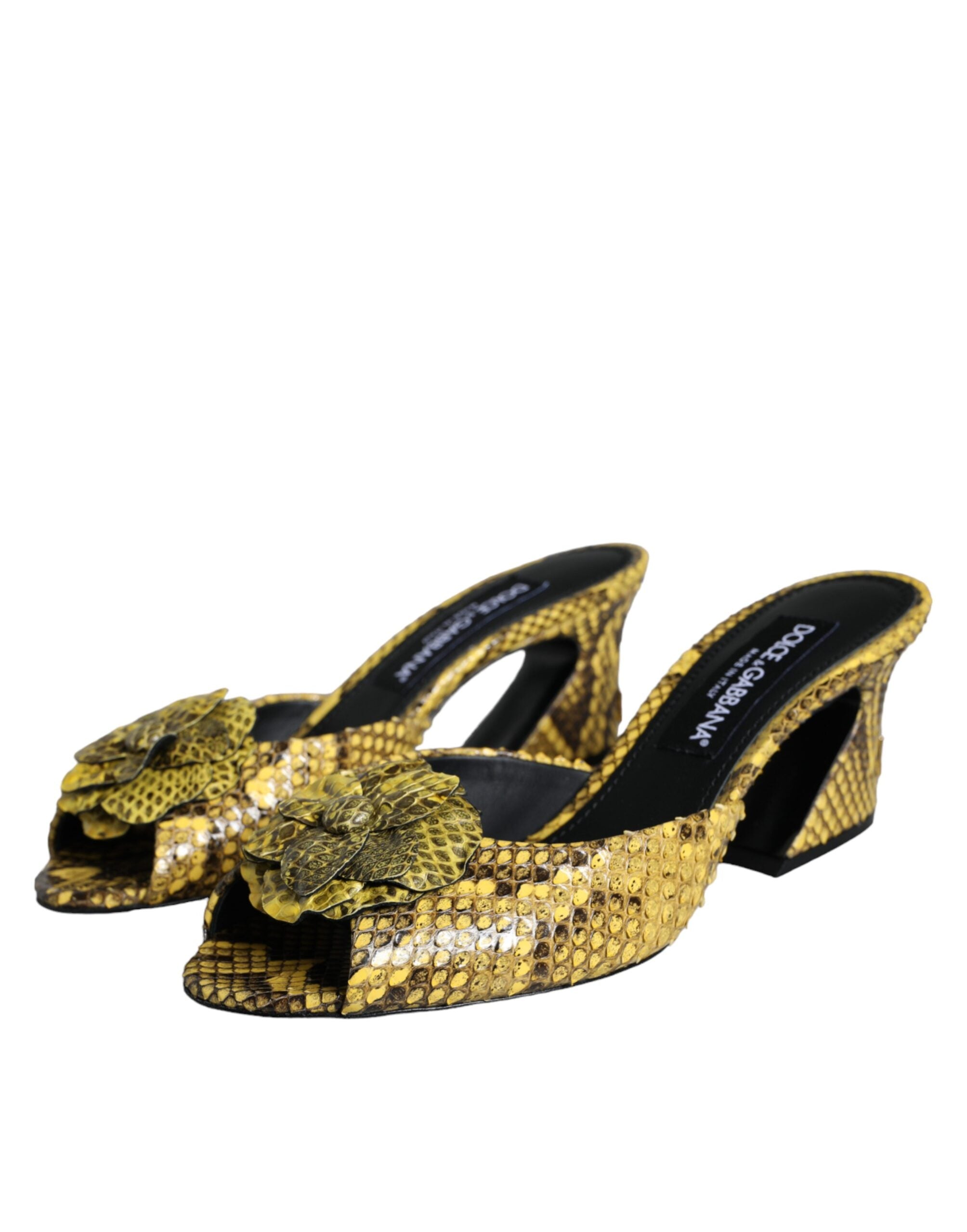 Yellow Leather Block Heels Slides Shoes - ventzia