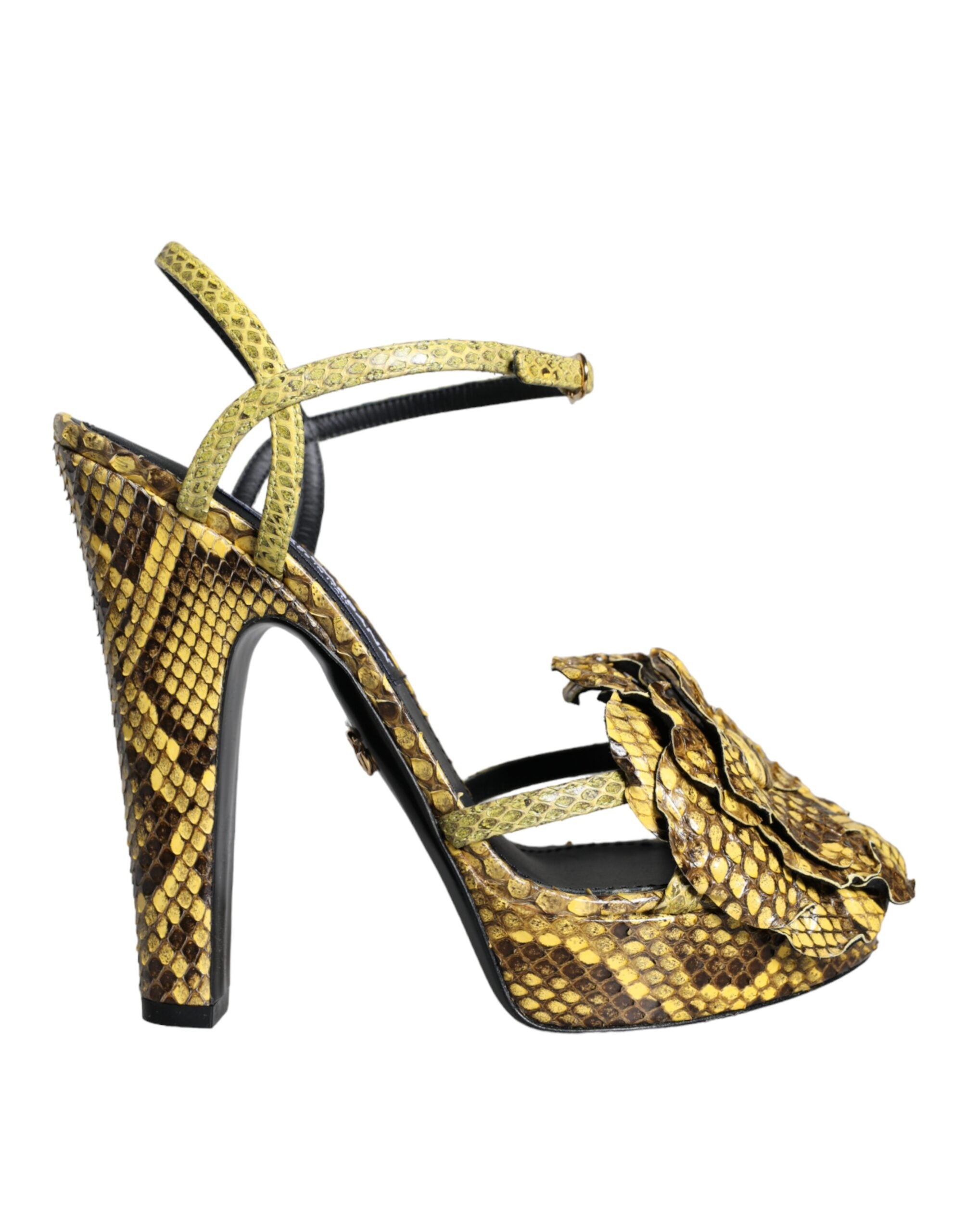 Yellow Exotic Leather Ankle Strap Heels Sandals Shoes - ventzia