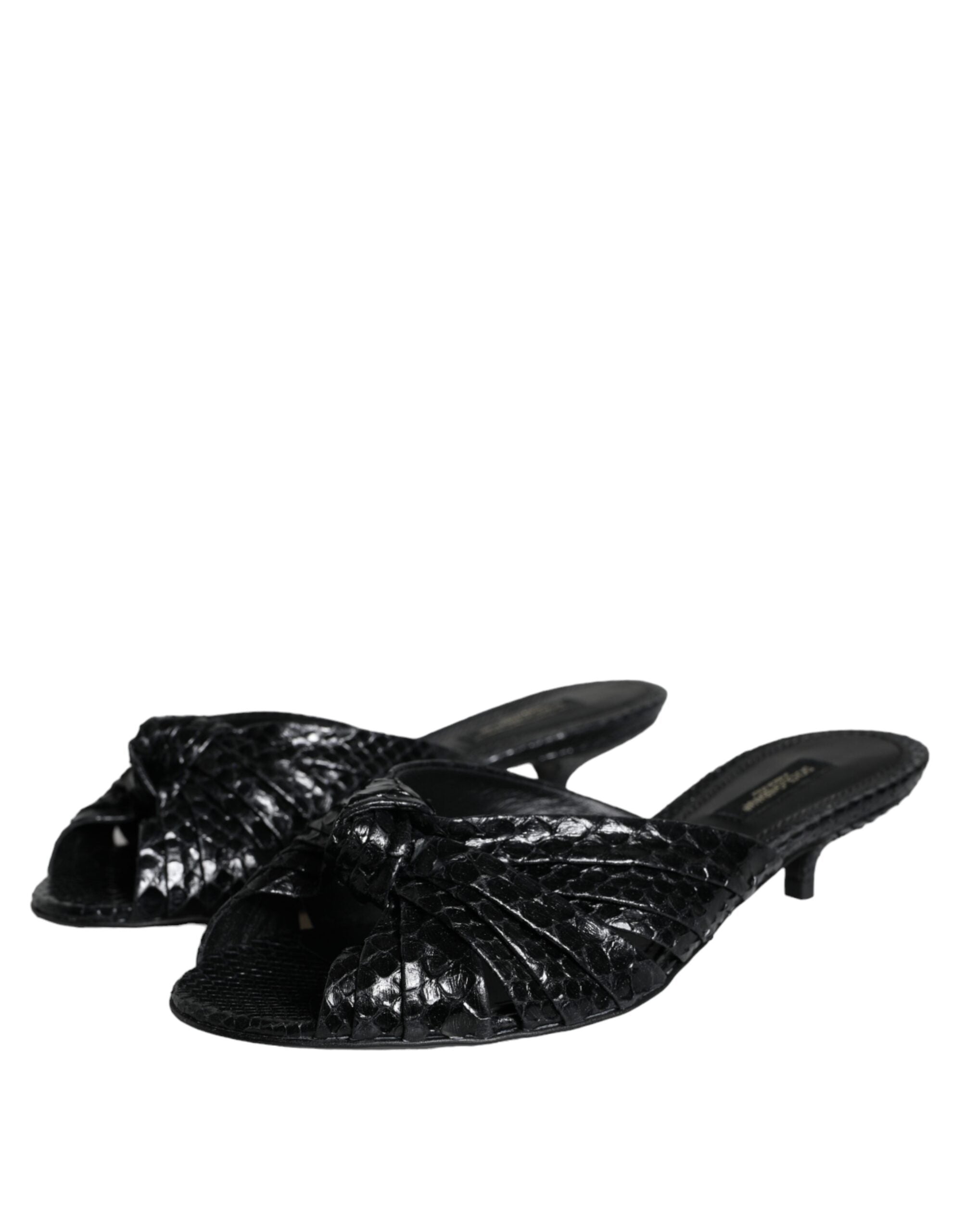Black Leather Heels Slides Sandals Shoes - ventzia