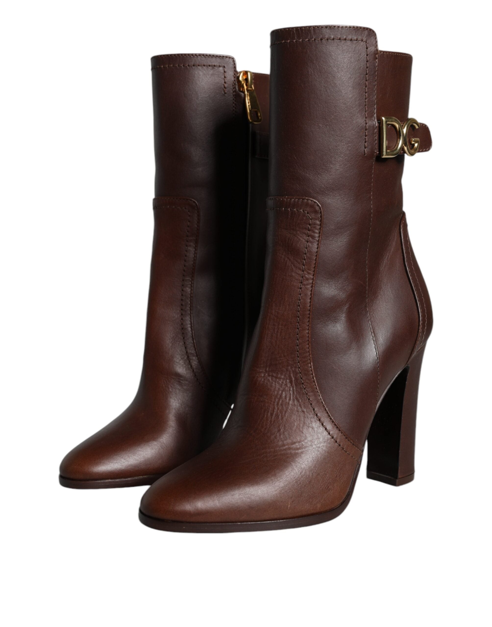 Brown Leather Heels Mid Calf Boots Shoes - ventzia