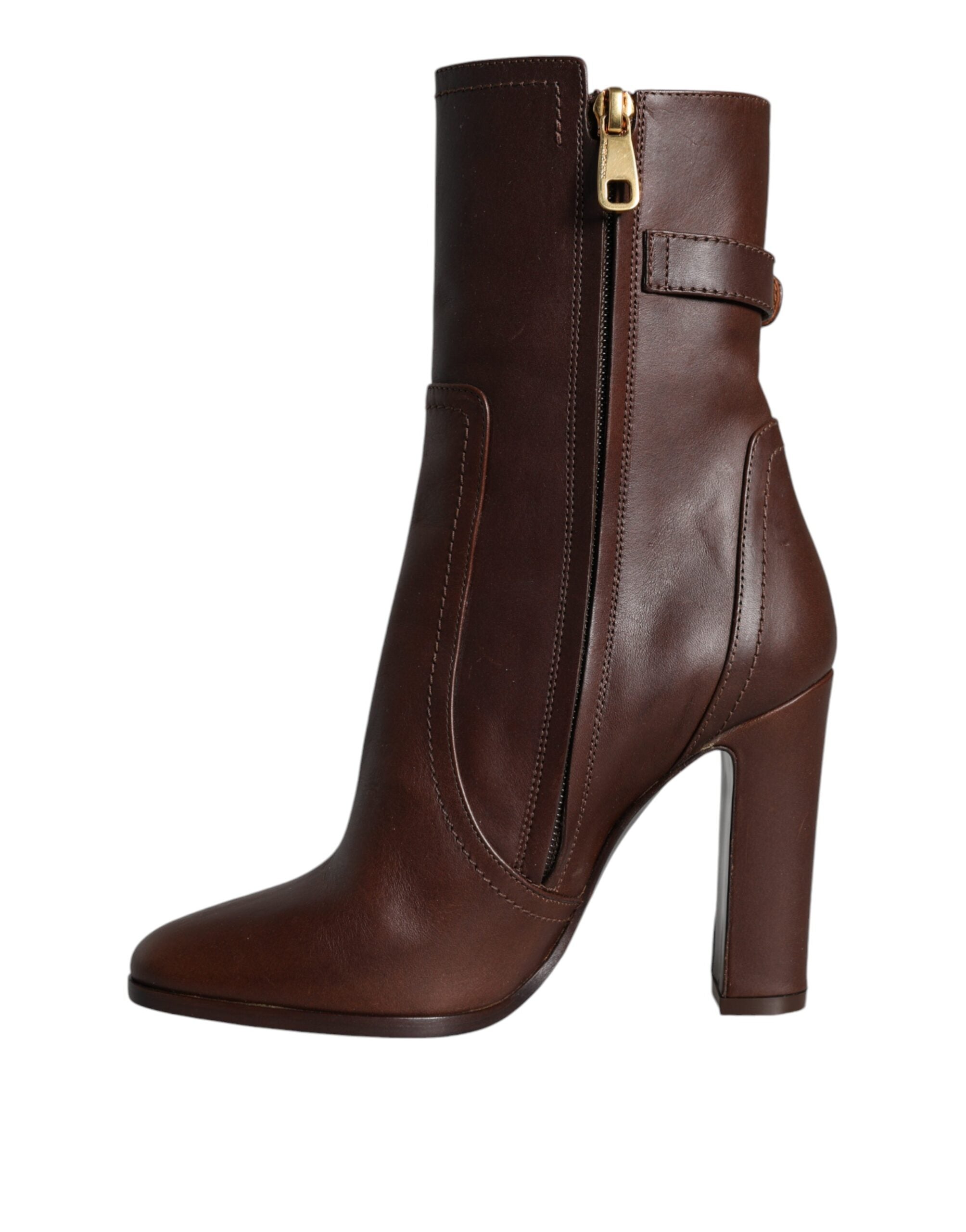Brown Leather Heels Mid Calf Boots Shoes - ventzia