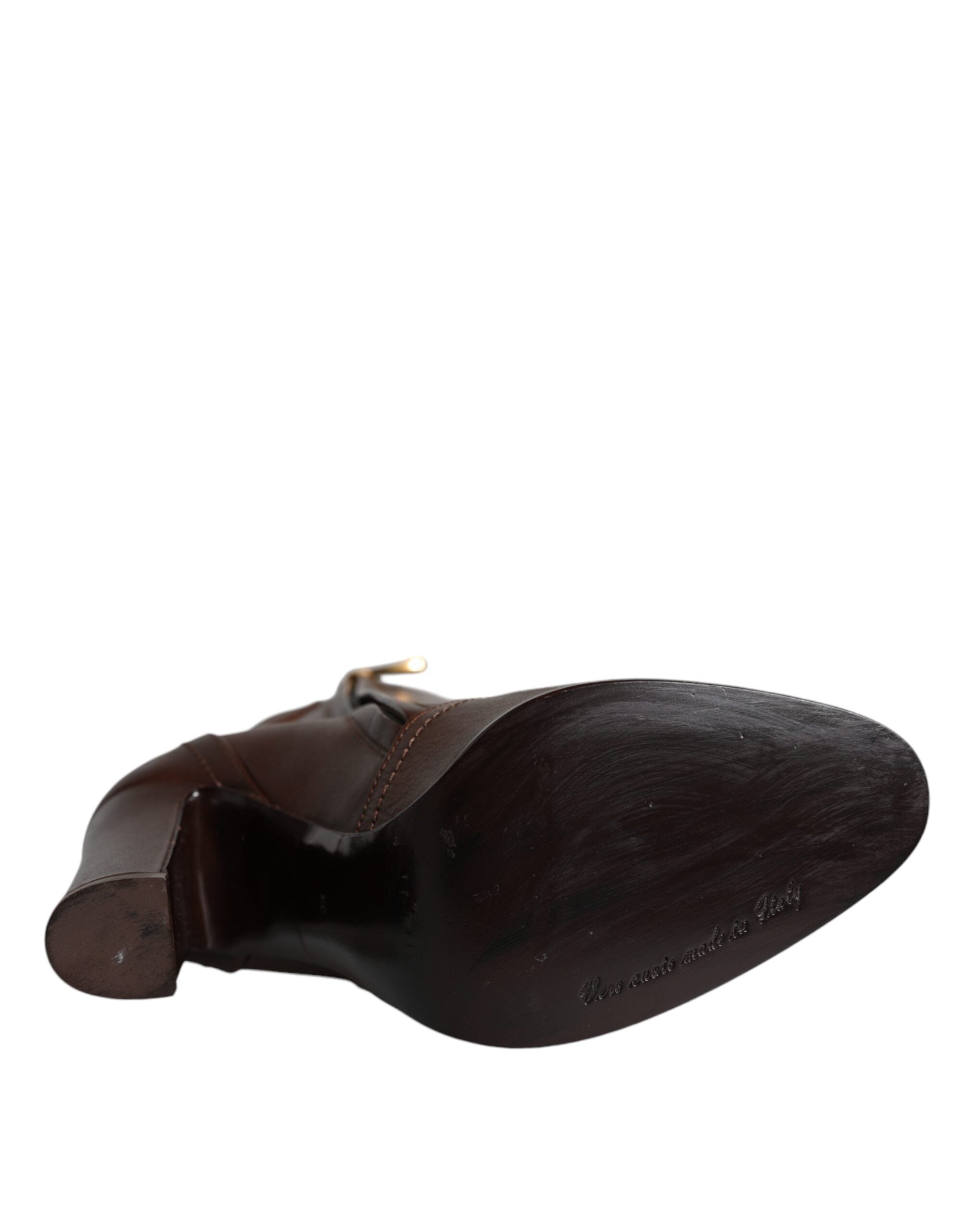 Brown Leather Heels Mid Calf Boots Shoes - ventzia