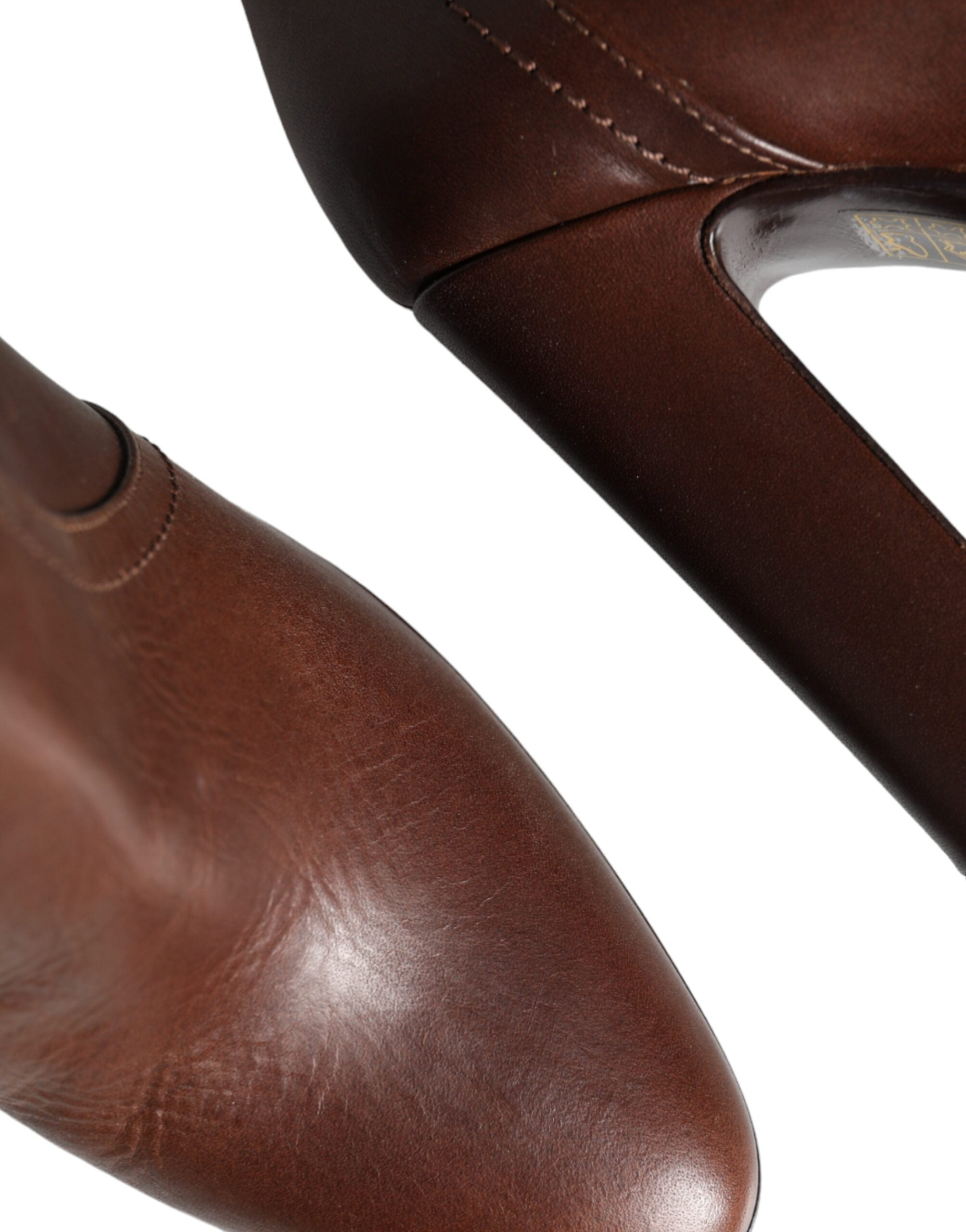 Brown Leather Heels Mid Calf Boots Shoes - ventzia