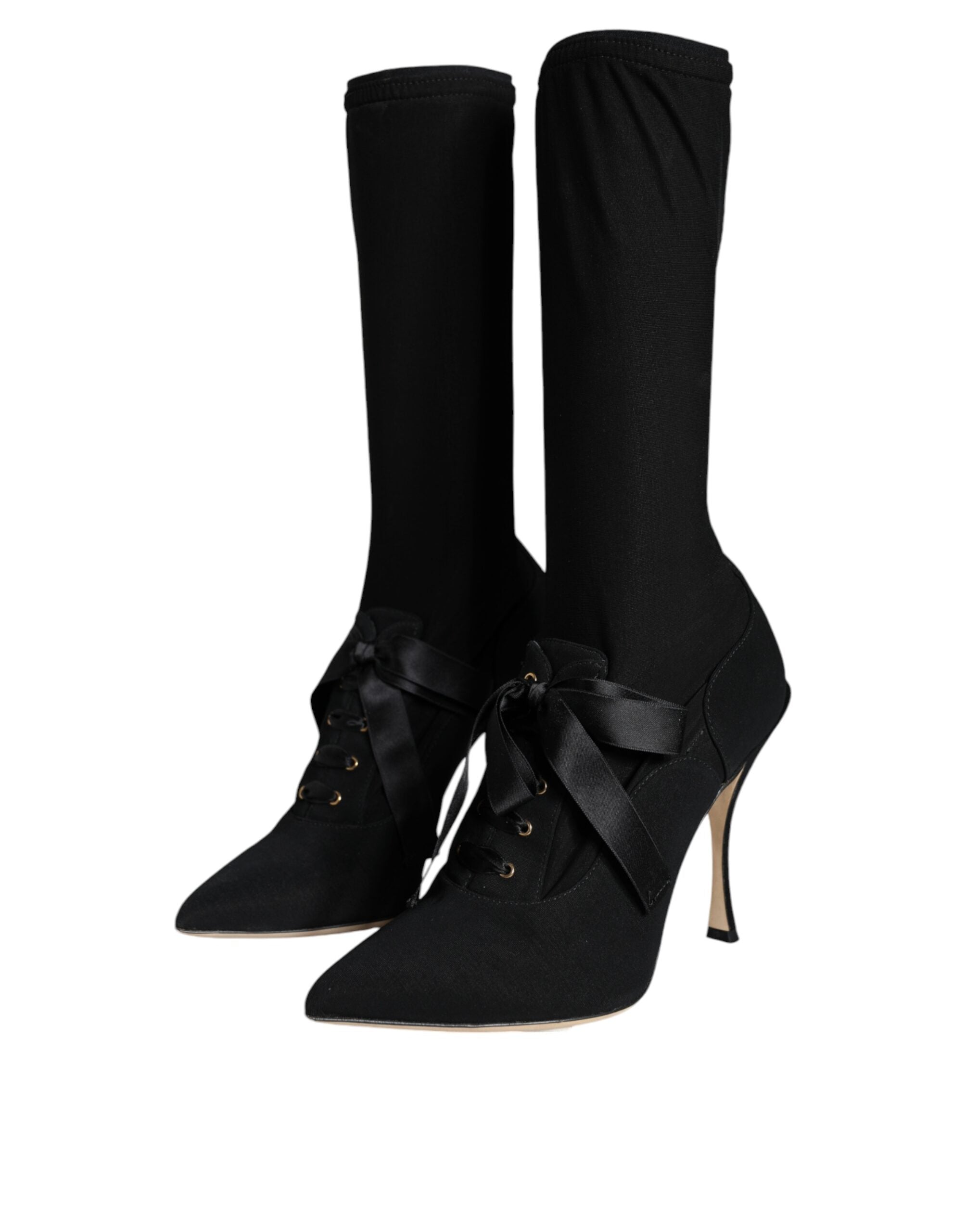 Black Stiletto Heels Mid Calf Boots Shoes - ventzia
