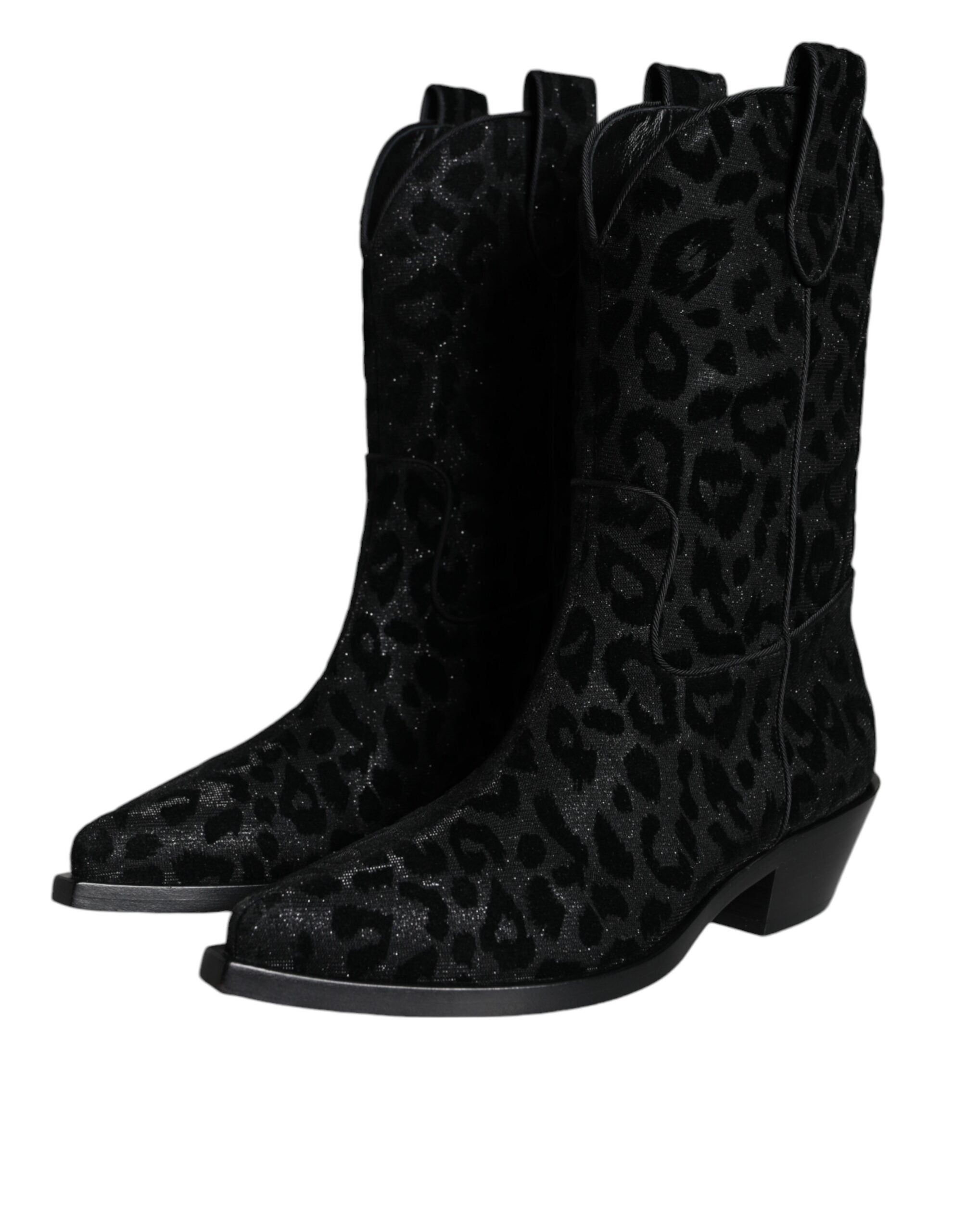 Black Gray Leopard Cowboy Boots Shoes - ventzia
