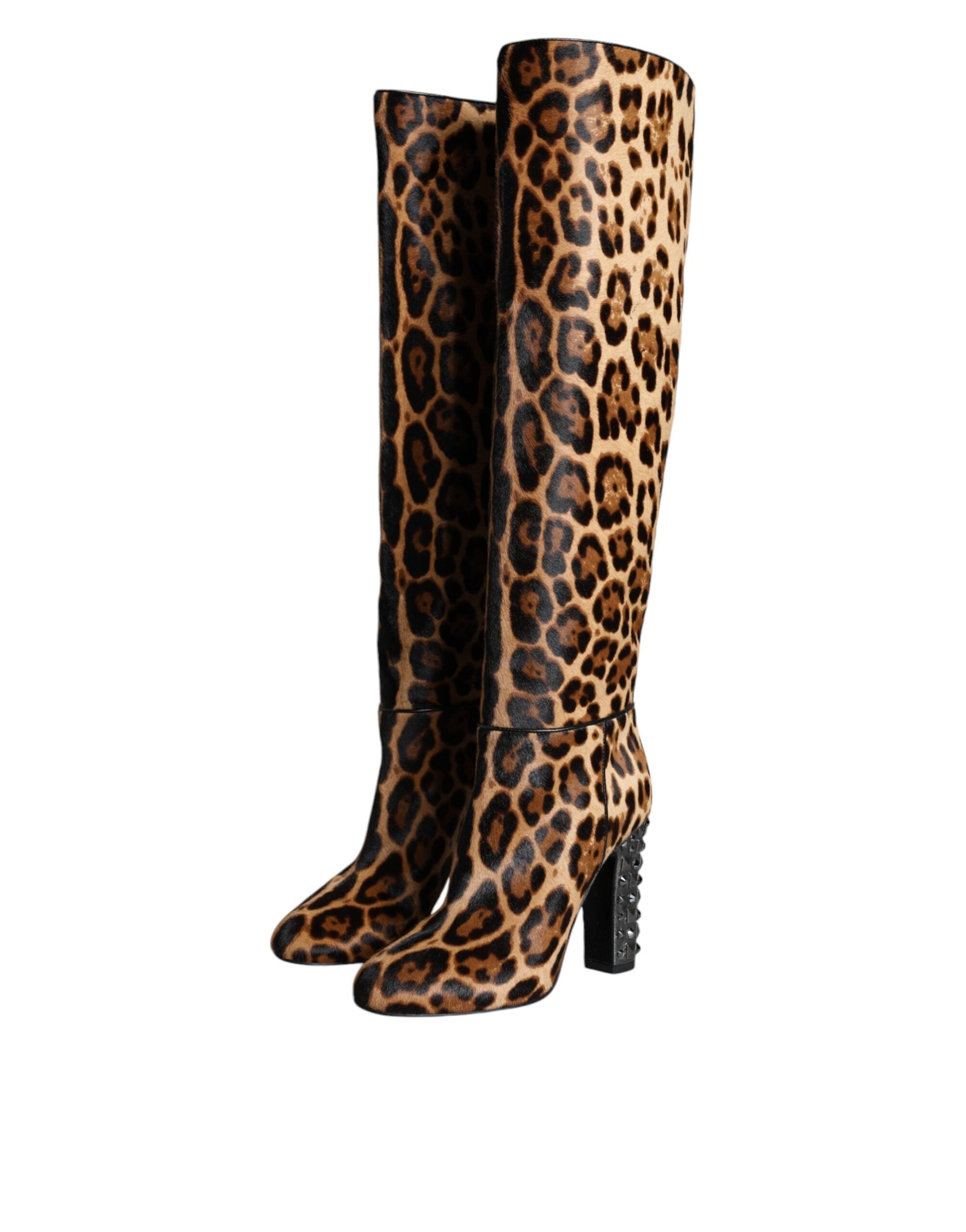 Beige Black Leopard Knee High Boots Shoes - ventzia